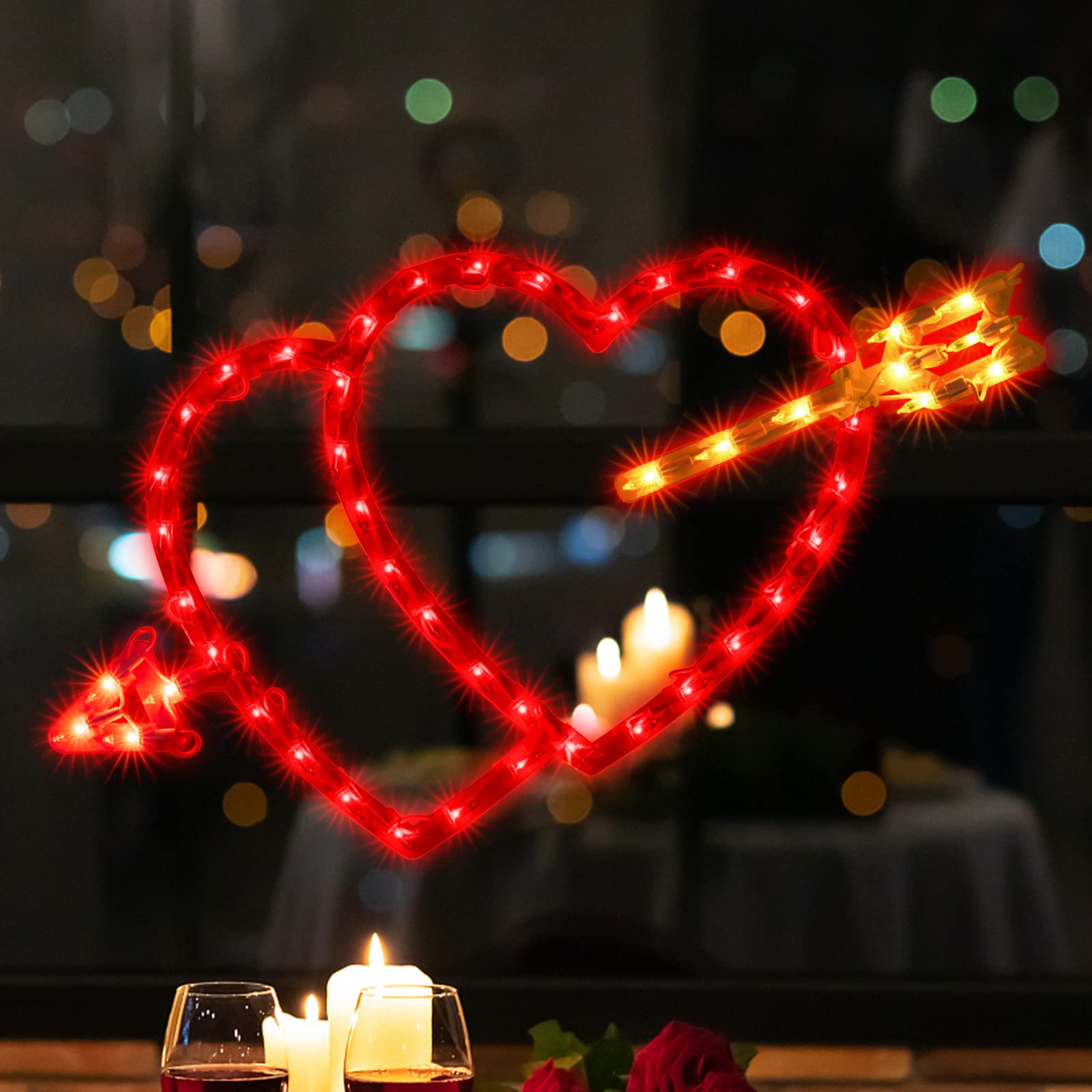 LAMPHOME Lighted Red Double Heart Window Silhouette Decoration, 50L, Polycarbonate, Model LX2828