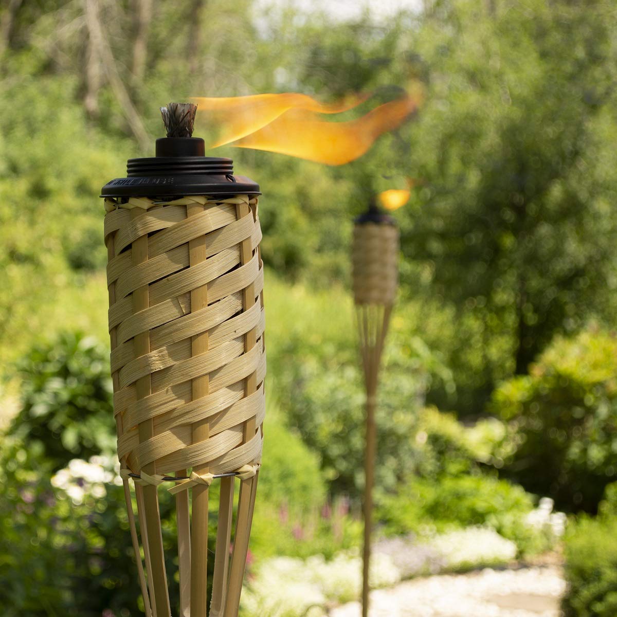 TIKI Bamboo Tiki Torches 12-Pack, Weather-Resistant, 57-Inch, Natural, Model 1120116, Easy-Pour Canister for Outdoor Décor