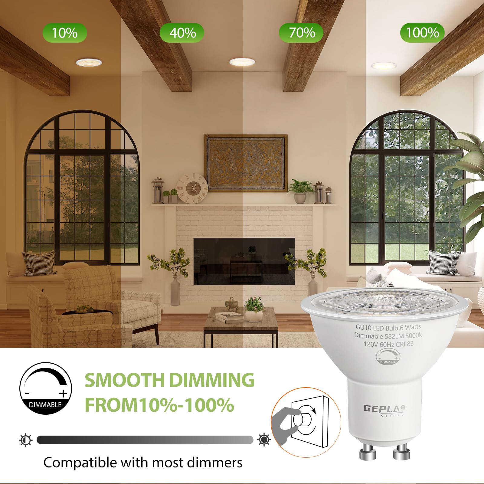 Geplad 6 Pack Gu10 Led Bulb Dimmable 6W, 582Lm, 2700K Warm White, Halogen Replacement, 38° Spotlight