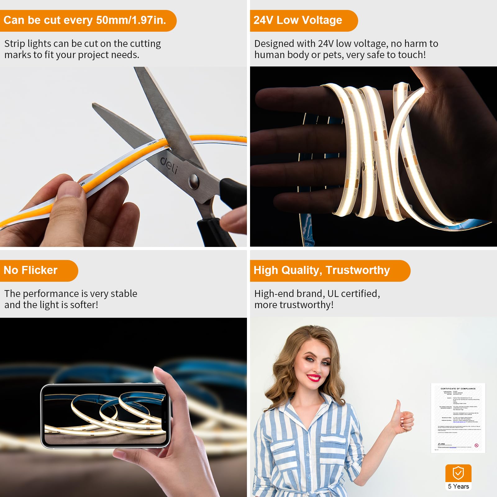 Pautix Cob Led Strip Light 16.4Ft/5M 2400Leds Natural White 4000K,Cri93+ Super Bright High Lumen,Dimmable 24V Flexible Led Tape