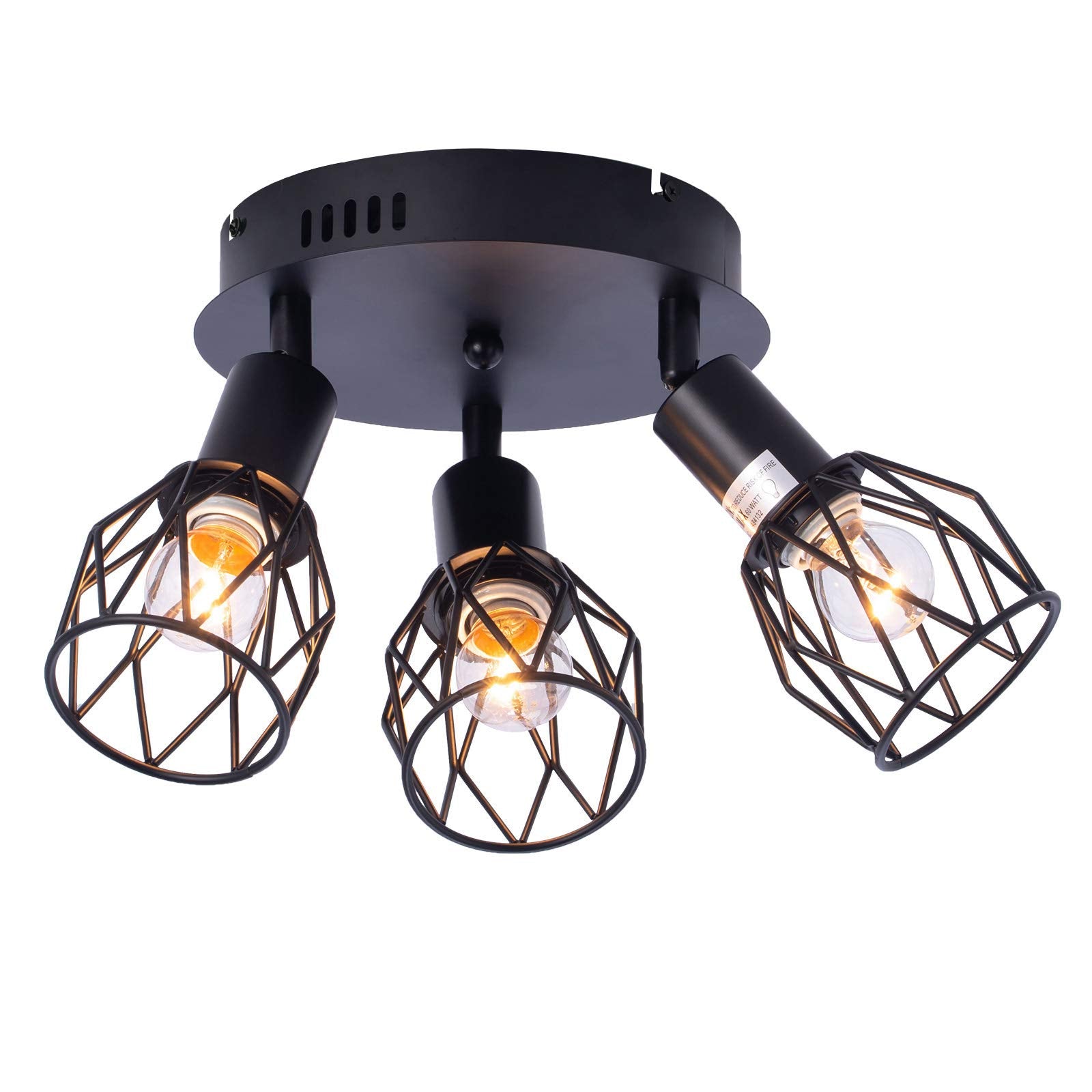 zhkung Industrial Semi Flush Mount Ceiling Light, 3-Light Vintage Black Metal Wire Cage, Model zhkung-001