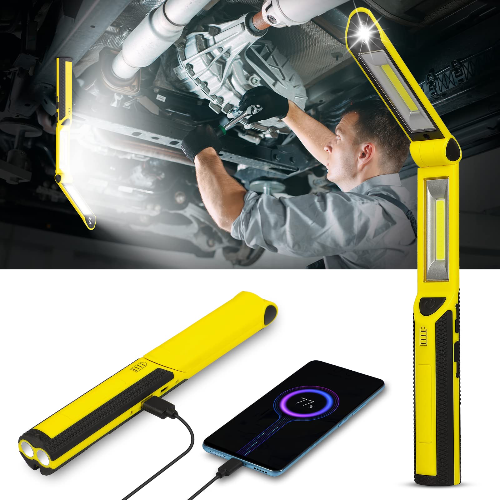 Work Light, Rechargeable Led Work Light 1500 Lumens, Portable Magnetic Work Light 180° Rotate 3 Modes, With 4 Magnetic Base And Hook Mechanic Light For Under Hood/Car Repairing/Inspection/Outdoor