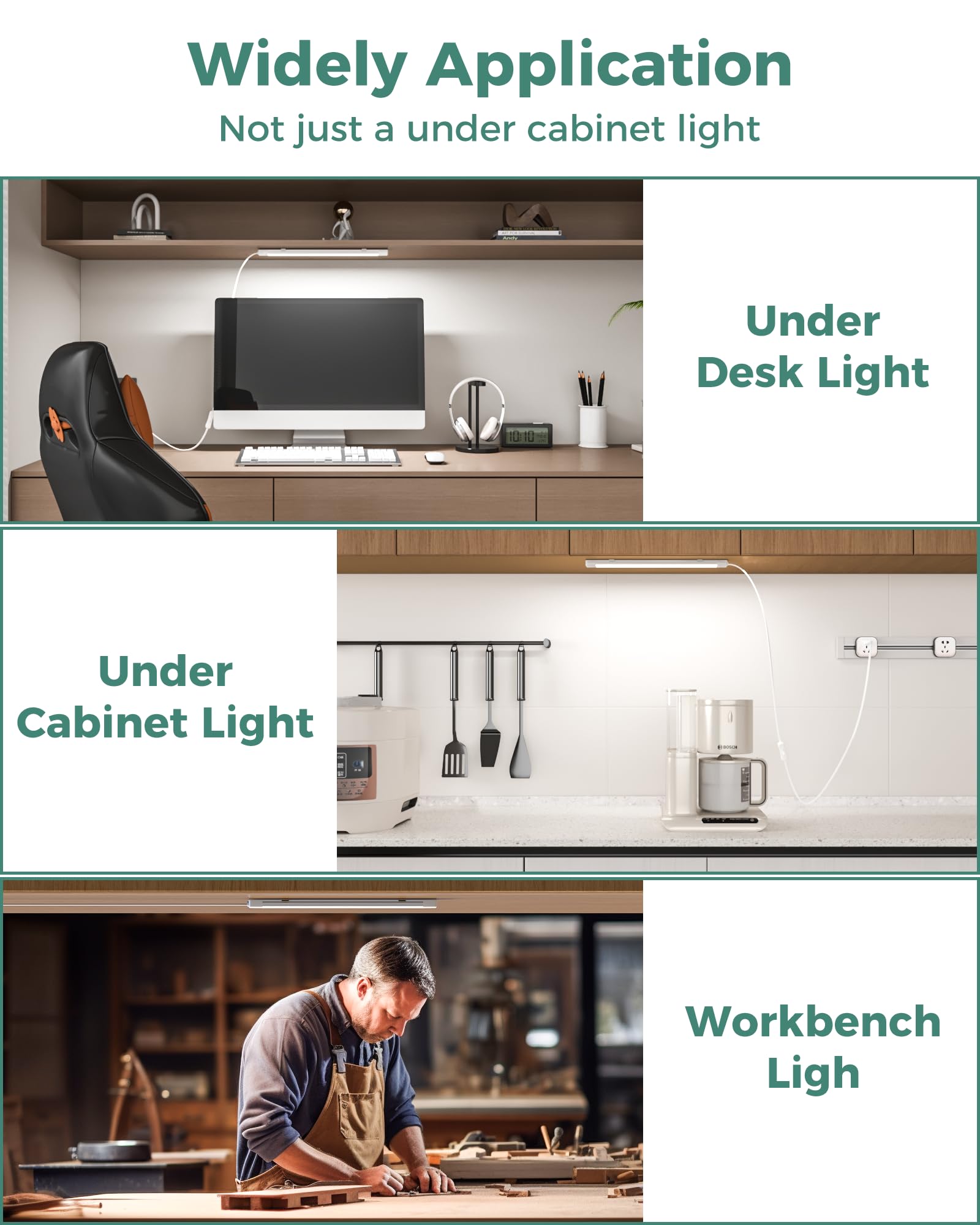 Asoko 16 Inch Under Cabinet Lights Plug And Play Under Counter Lighting 6000K Cool White With 700Lm Bright Etl Light Bar With On/Off Switch For Kitchen  Desk Workbench-2 Pack