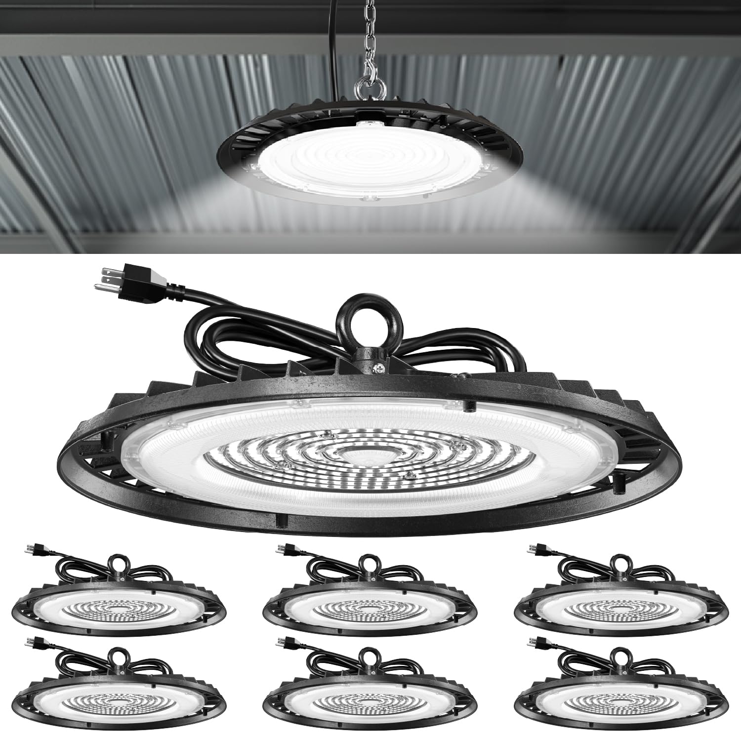 Sunco 6 Pack UFO LED High Bay Light, 200W, 28000 Lumens, 5000K, 0-10V Dimmable, 120V, IP65 Wet-Rated, Ultra Bright Plug&Play Com