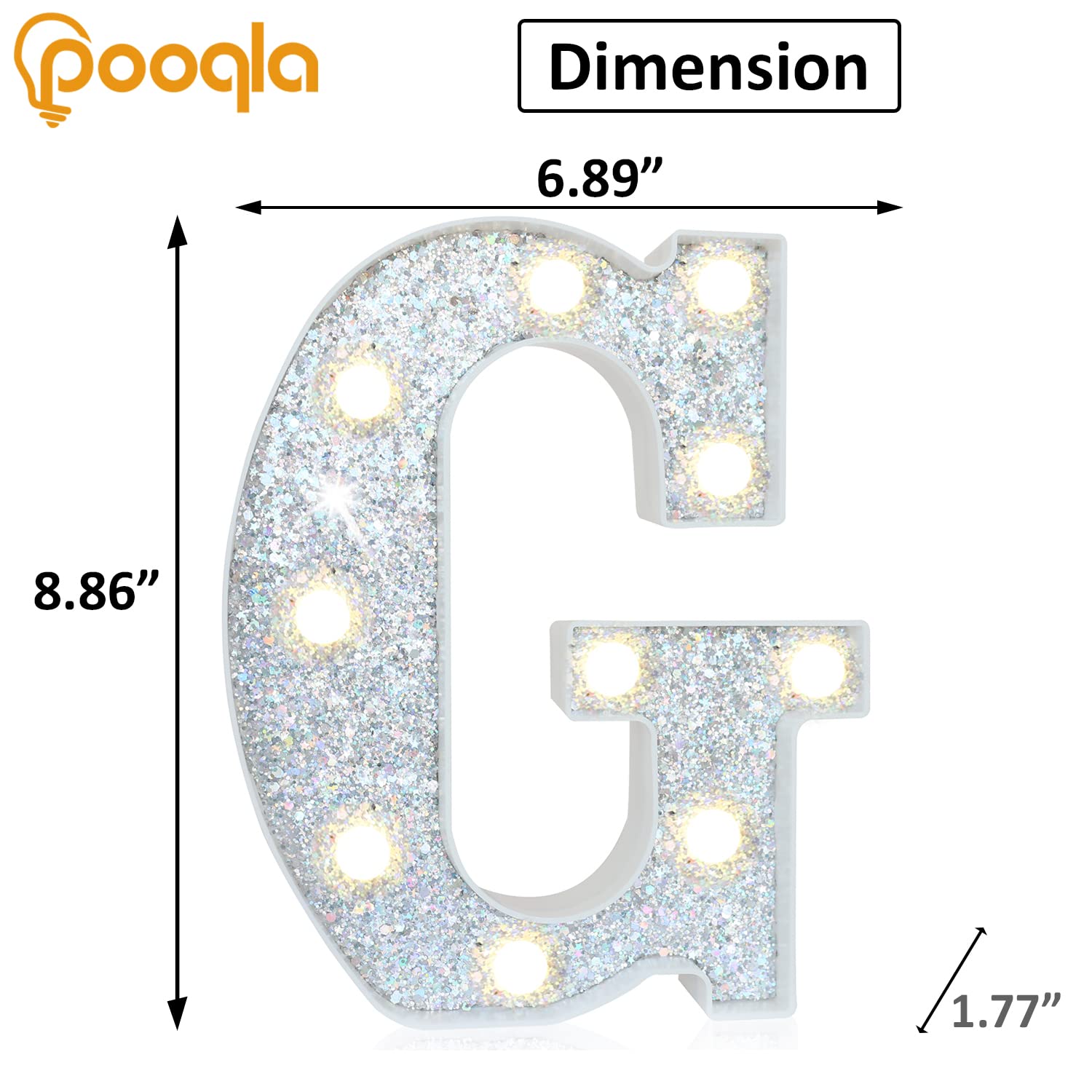 Pooqla LED Marquee Letter Lights, Silver Glitter Alphabet Sign, Battery Powered Night Light for Parties and Home Decoration