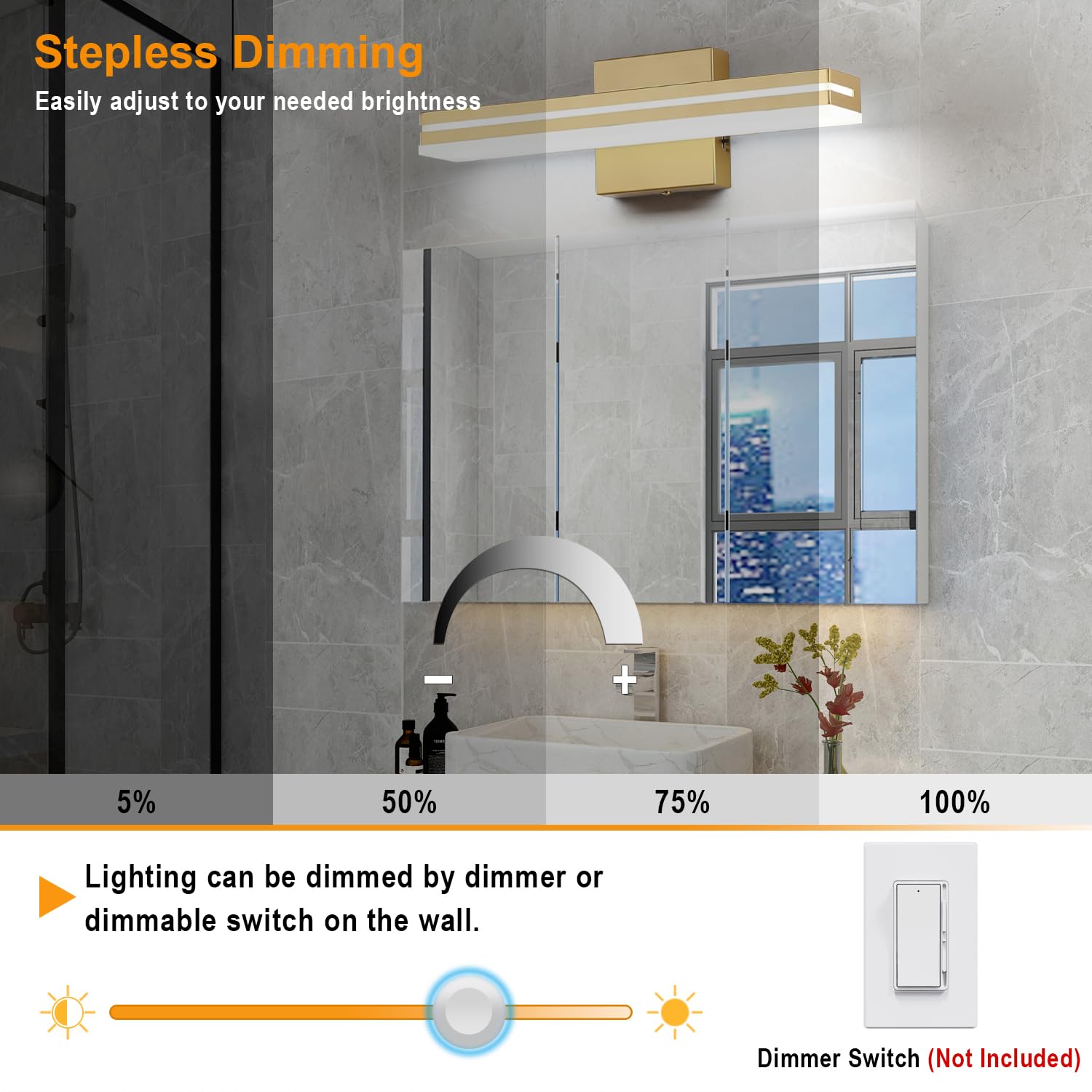 Sinerise Led Modern Bathroom Vanity Light Fixtures (16-Inch, 3000K/4000K/6000K, Dimmable), Gold Modern Acrylic Bathroom Wall Lig