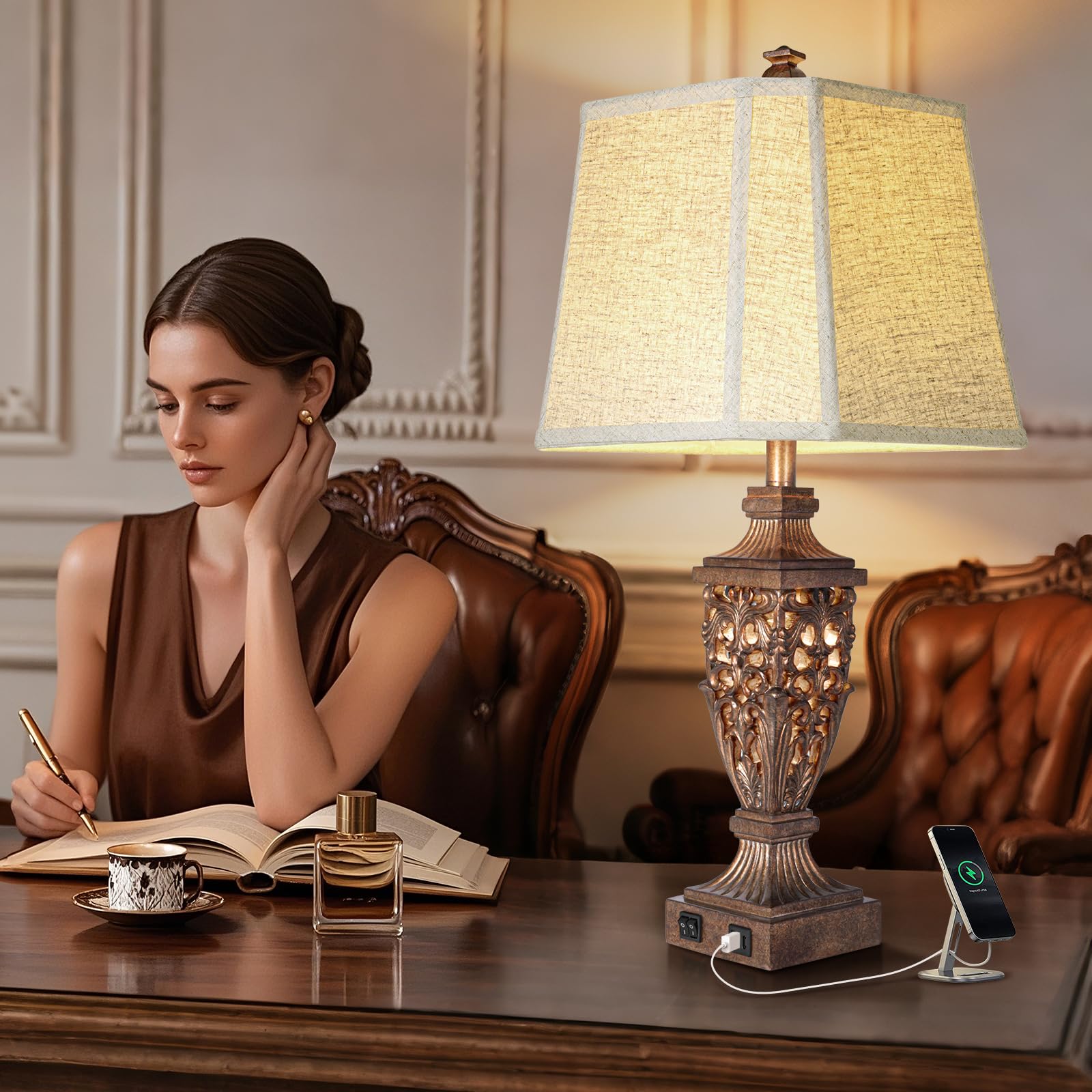 28.5'' Vintage Bronze Table Lamps Set Of 2 With Night Light,Lamps For Nightstand With Beige Linen Cut Corner Shade,Bedside Lamp