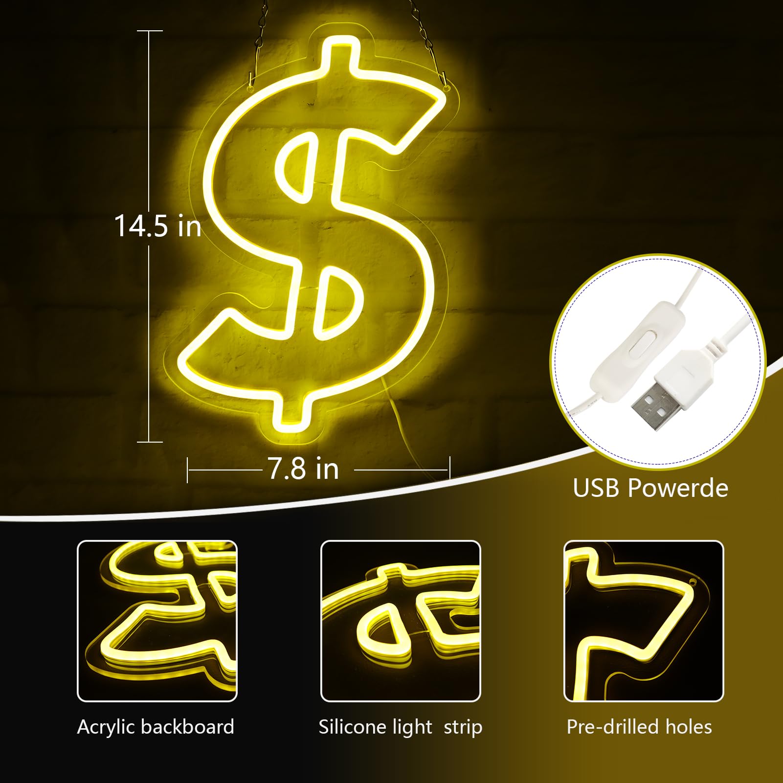 Jfllamp Dollar $ Neon Signs For Wall Decor Money Neon Lights For Bedroom Led Business Signs Suitable For Man Cave Bar Pub Restaurant Christmas Gift Art 5V Power Adapter 10.2 * 14.6 Inch(Yellow)