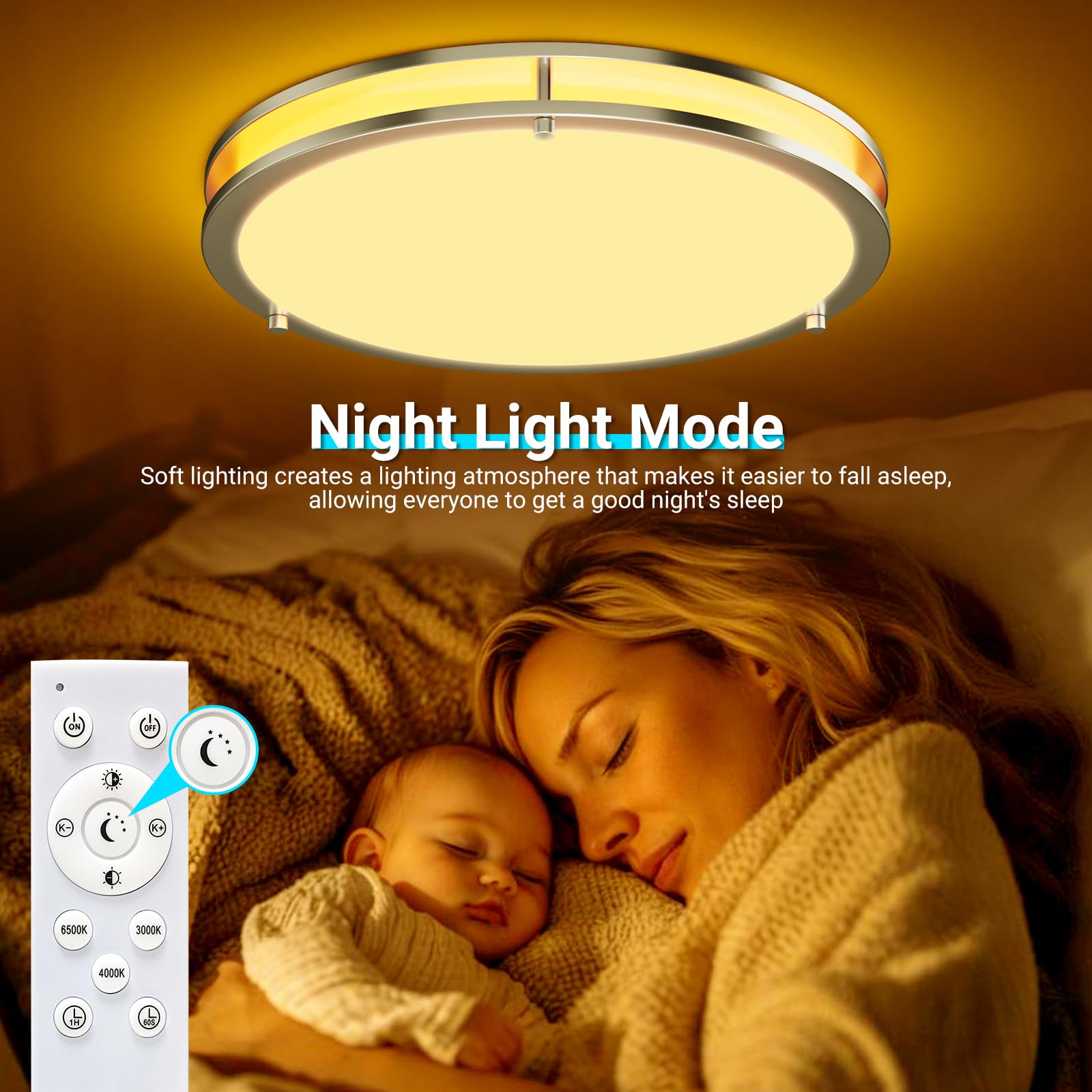 libtit 13" Flush Mount Ceiling Light, 24W Dimmable LED, Brushed Nickel, Remote Control, Adjustable 3000K-6500K, Model CL82TA-NK