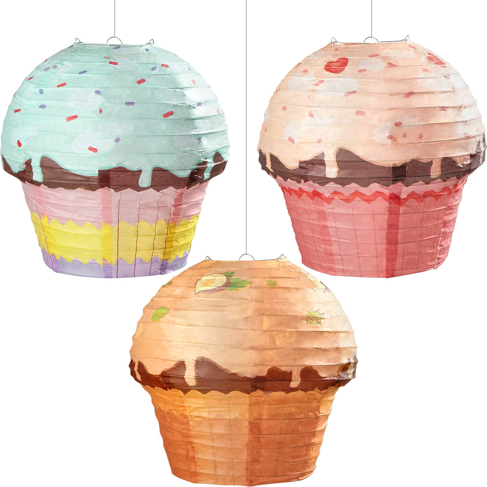 Riakrum 3 Pieces 12 Inches Large Candyland Cupcake Party Decoration Cupcake Paper Lanterns Donut Lanterns Ice Cream Party Decor 