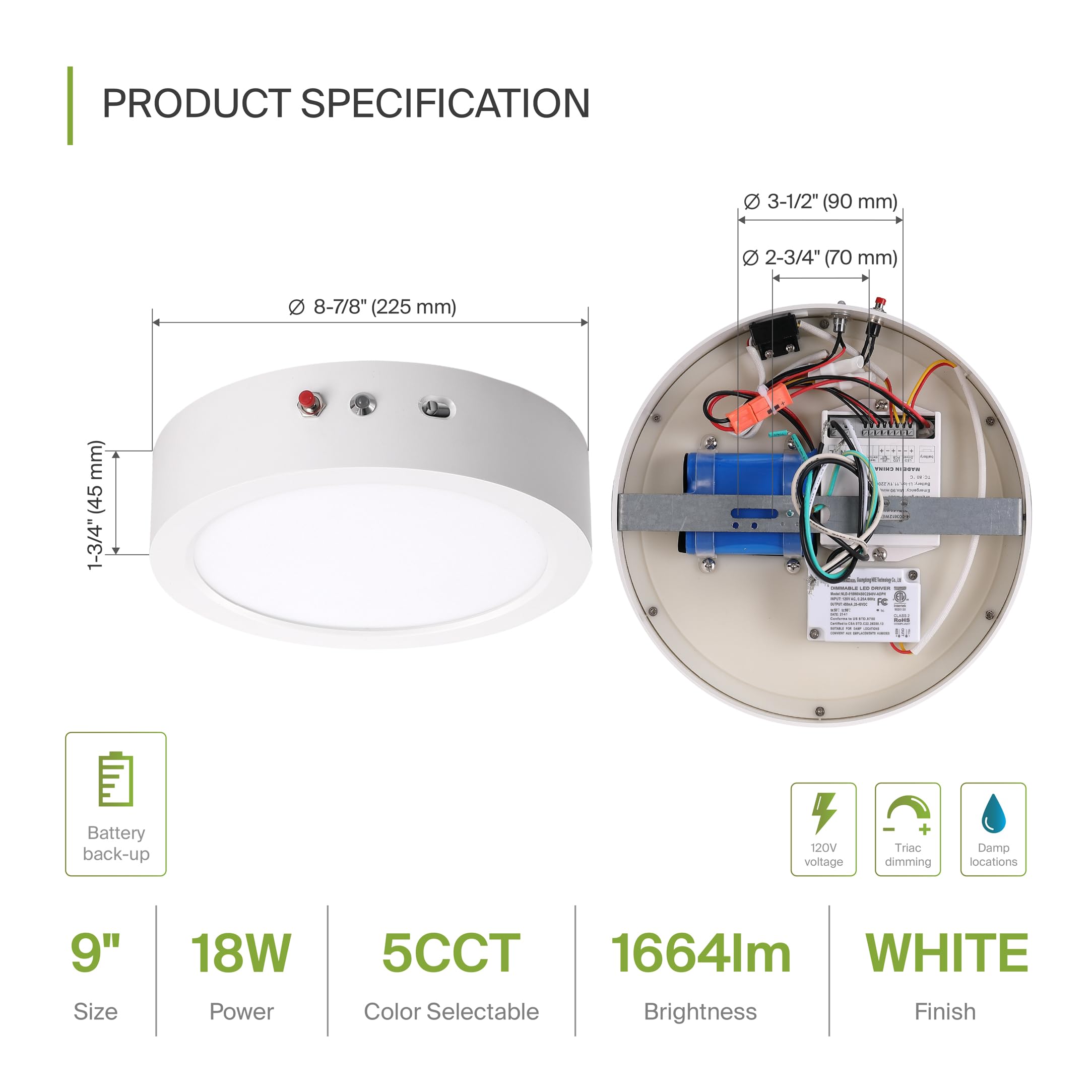 Asd Led 9 Inch Round Flush Mount Ceiling Light Fixture | 18W 1600Lm 2700-6000K 120V | 3Cct, Dimmable, Battery Backup, Ultra Slim