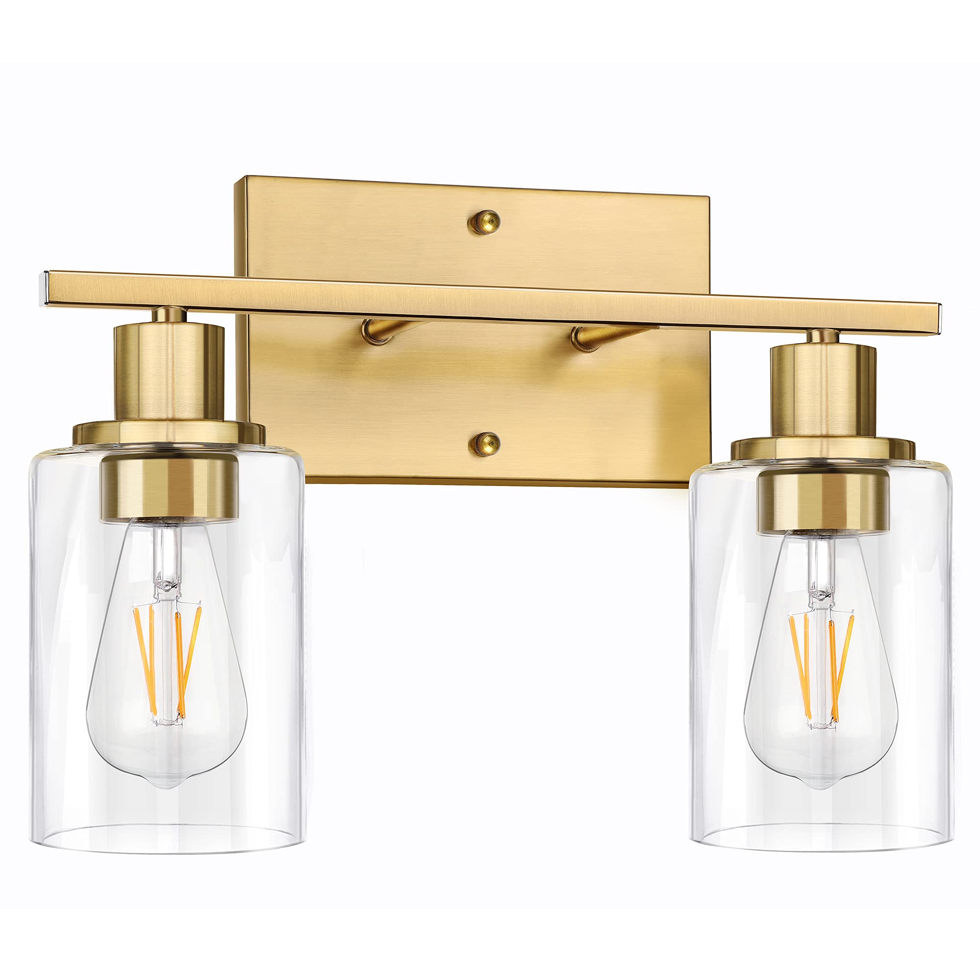 Shinetech 2-Light Gold Bathroom Vanity Fixtures, Modern Wall Lighting With Clear Glass, Brushed Brass Wall Sconce Light For Mirr