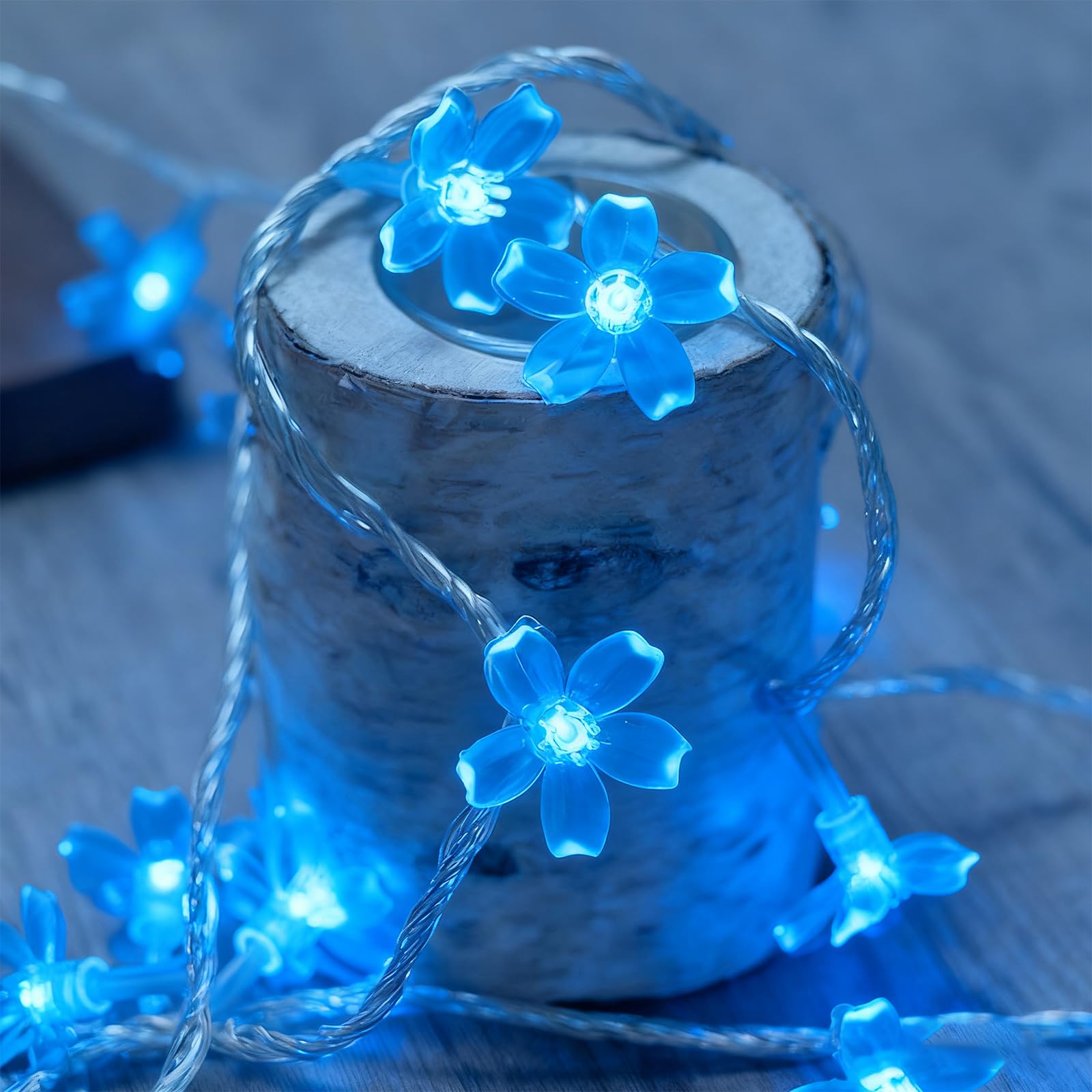Cute Blue Cherry Blossom Flower Fairy String Lights Indoor Bedroom Decor, 10ft 30 LED Battery & USB Operated Lighted Up Floral l