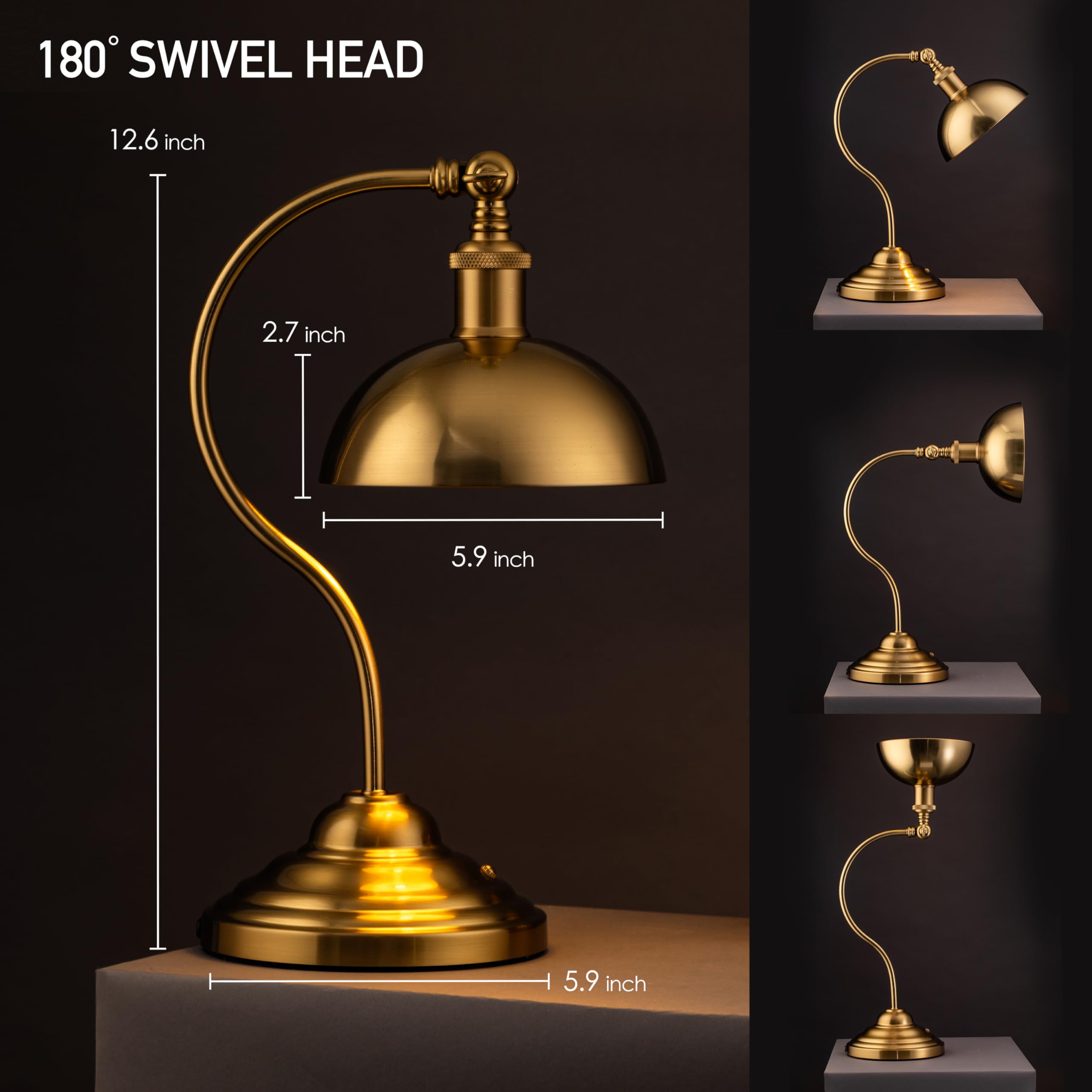 O'Bright Cordless LED Table Lamp - Rechargeable, 3-Level Dimming, Antique Brass, Model OB-TL23B, 180° Swivel Head