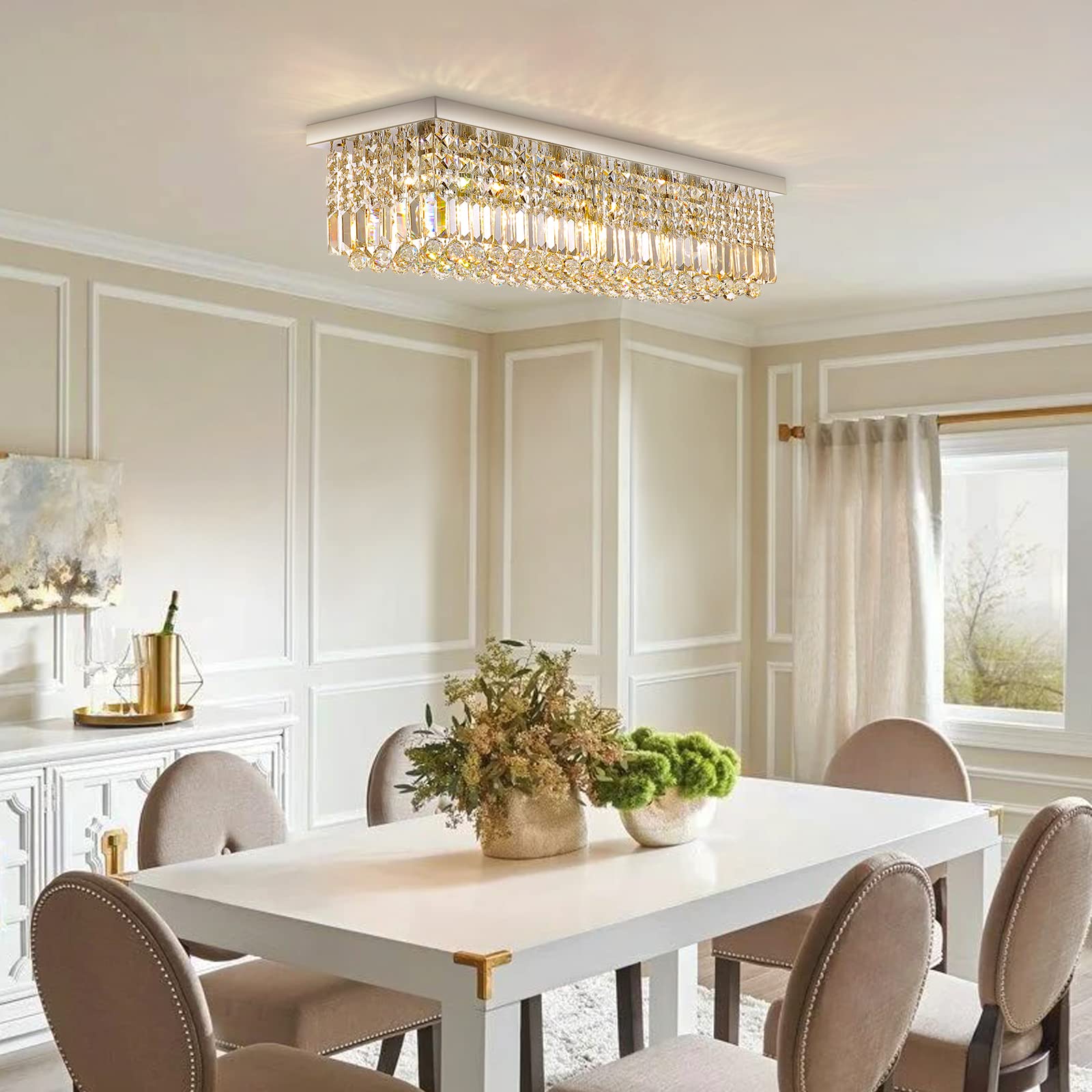 Siljoy Modern Crystal Chandelier, 6-Light Rectangular Pendant, Chrome, L31.5" x W10" x H10", Model HLC037, Ideal for Dining, Living Room,