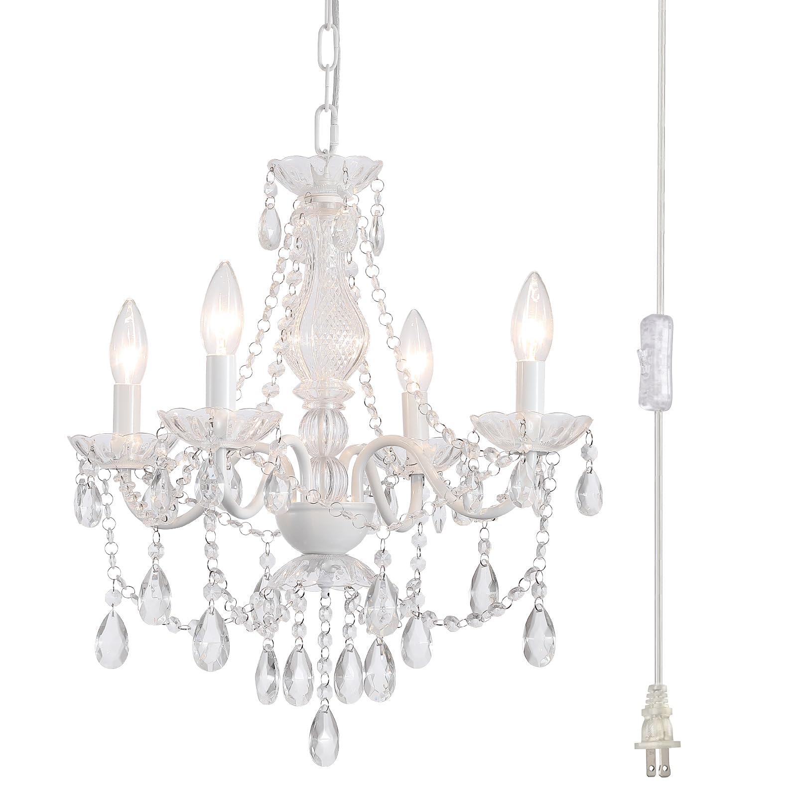 Plug in Crystal Ceramic White Chandelier, Not acrylic Crystal,White Crystal Hanging Pendant Light with Clear Cord and On/Off, 4 