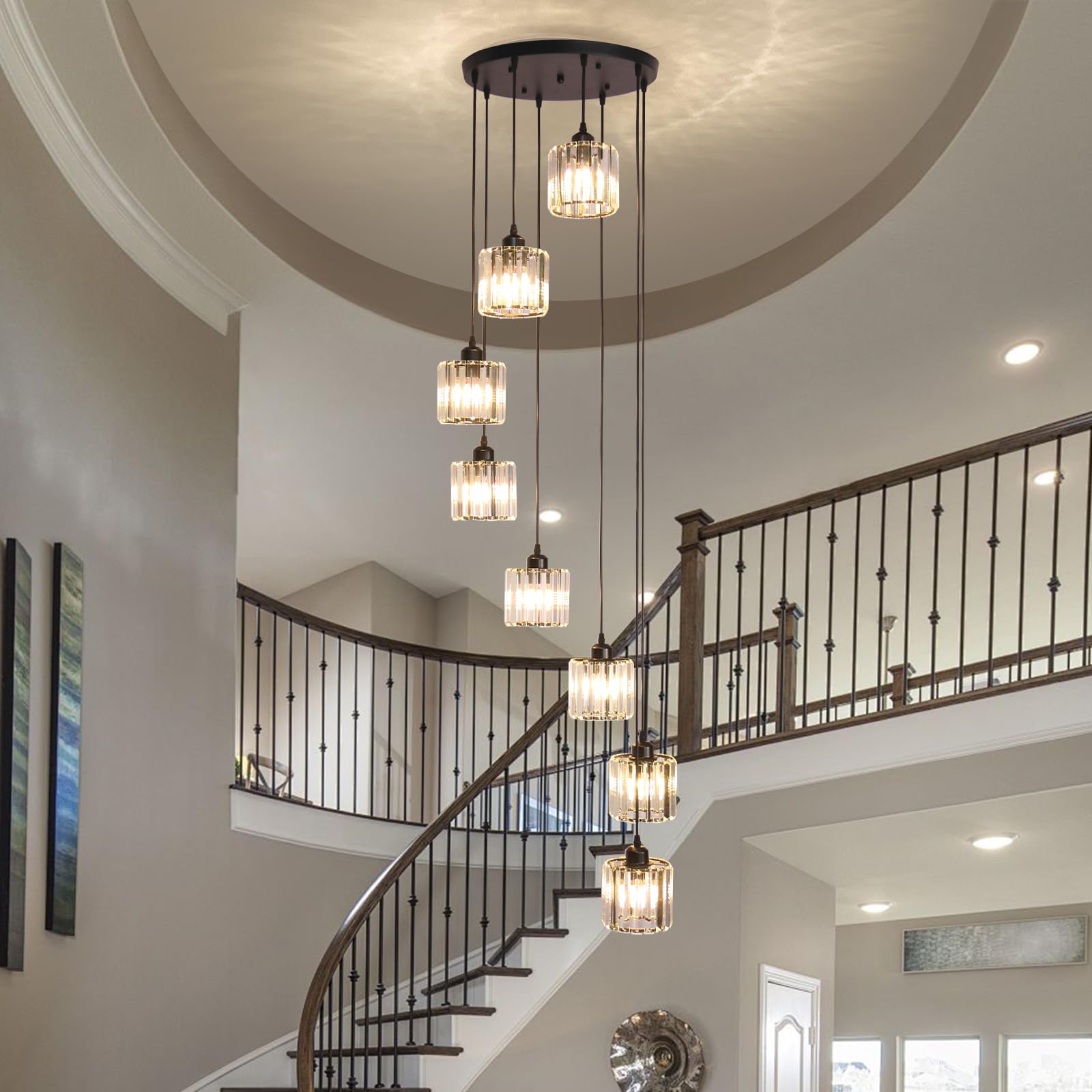 Cainjiazh High Ceilings Long Chandeliers Modern Crystal Long Pendant Light,Long Raindrop Hanging Chandeliers,Hanging Flush Mount