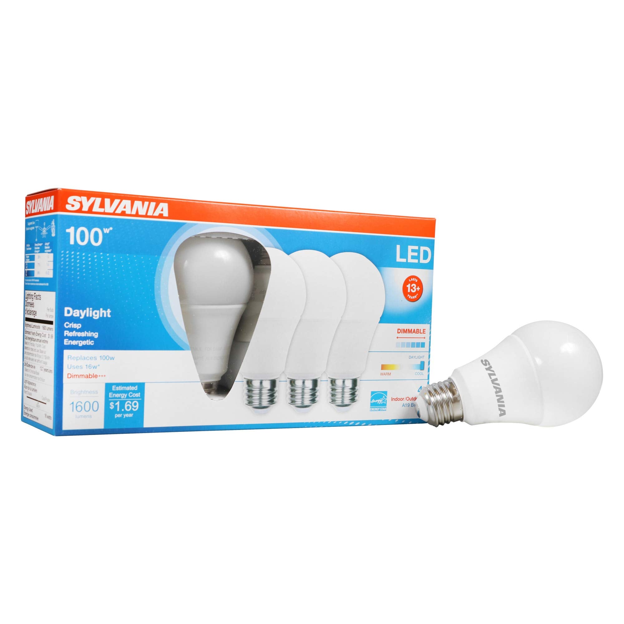 LEDVANCE SYLVANIA LED A19 Light Bulb 100W Equivalent Dimmable 16W 1600 Lumens 4 Count Daylight 5000K Model 40739