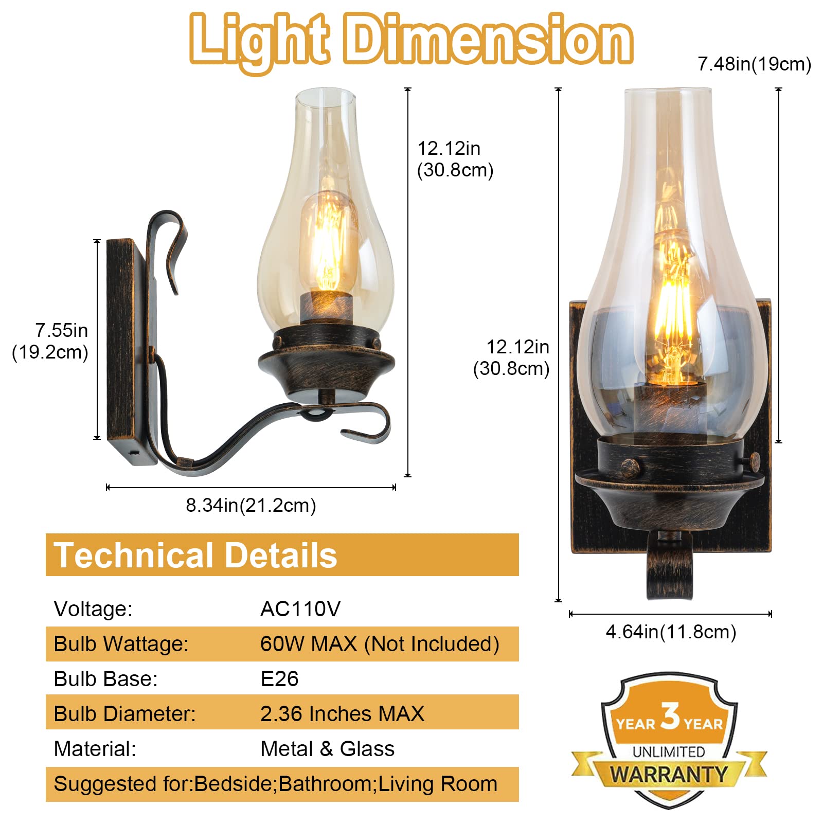 Yisuro Wall Sconces Set Of 2, Oil Rubbed Bronze Retro Lamps With Amber Glass For Living Room