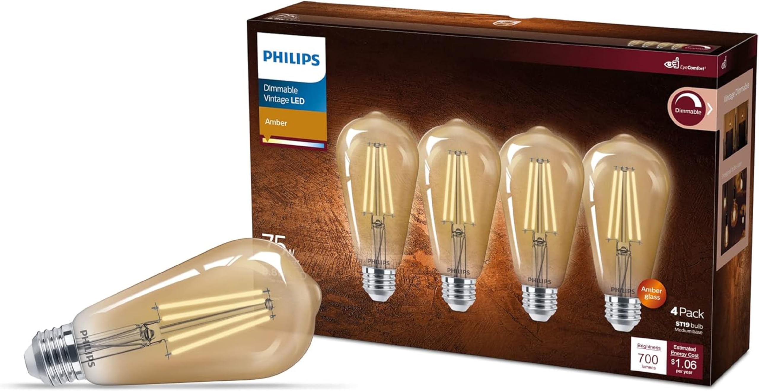 Philips LED Vintage ST19 Bulb 8.8W=75W Dimmable 700 Lumen 4 Pack Amber 2000K E26 Base