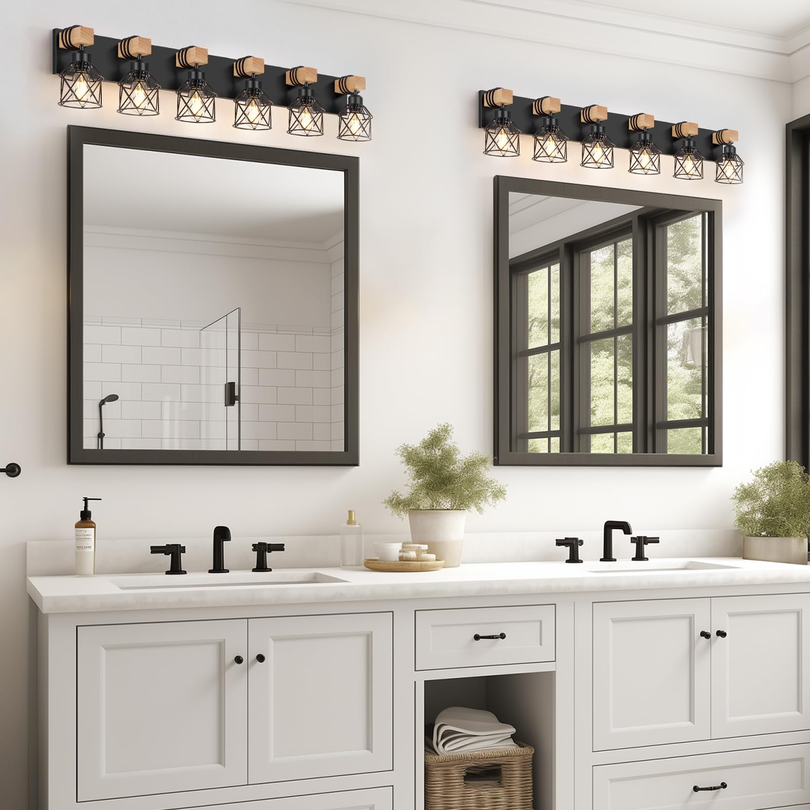 FadimiKoo 6-Light Farmhouse Bathroom Vanity Lighting, Rustic Black Wood & Metal Sconces, XLZ-6 Model for Bedroom, Living Room, Hallway