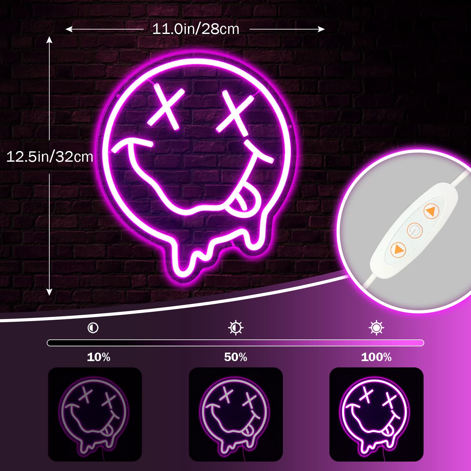 OvoNinn Melting Smile Face Neon Sign - LED Wall Decor, Dimmable, Pink, 12.5x11 inches, Acrylic for Kids Room, Party, Holiday Gift