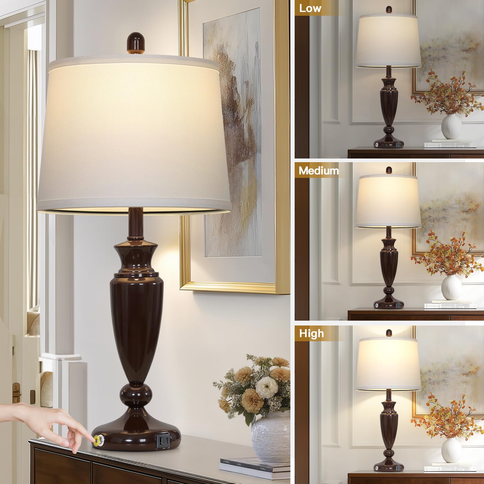 Rinweey 27'' Brown Living Room Lamps Set Of 2, 3 Way Touch Control Table Lamps With Usb A+C Ports, Modern Bedside Lamps, Elegant