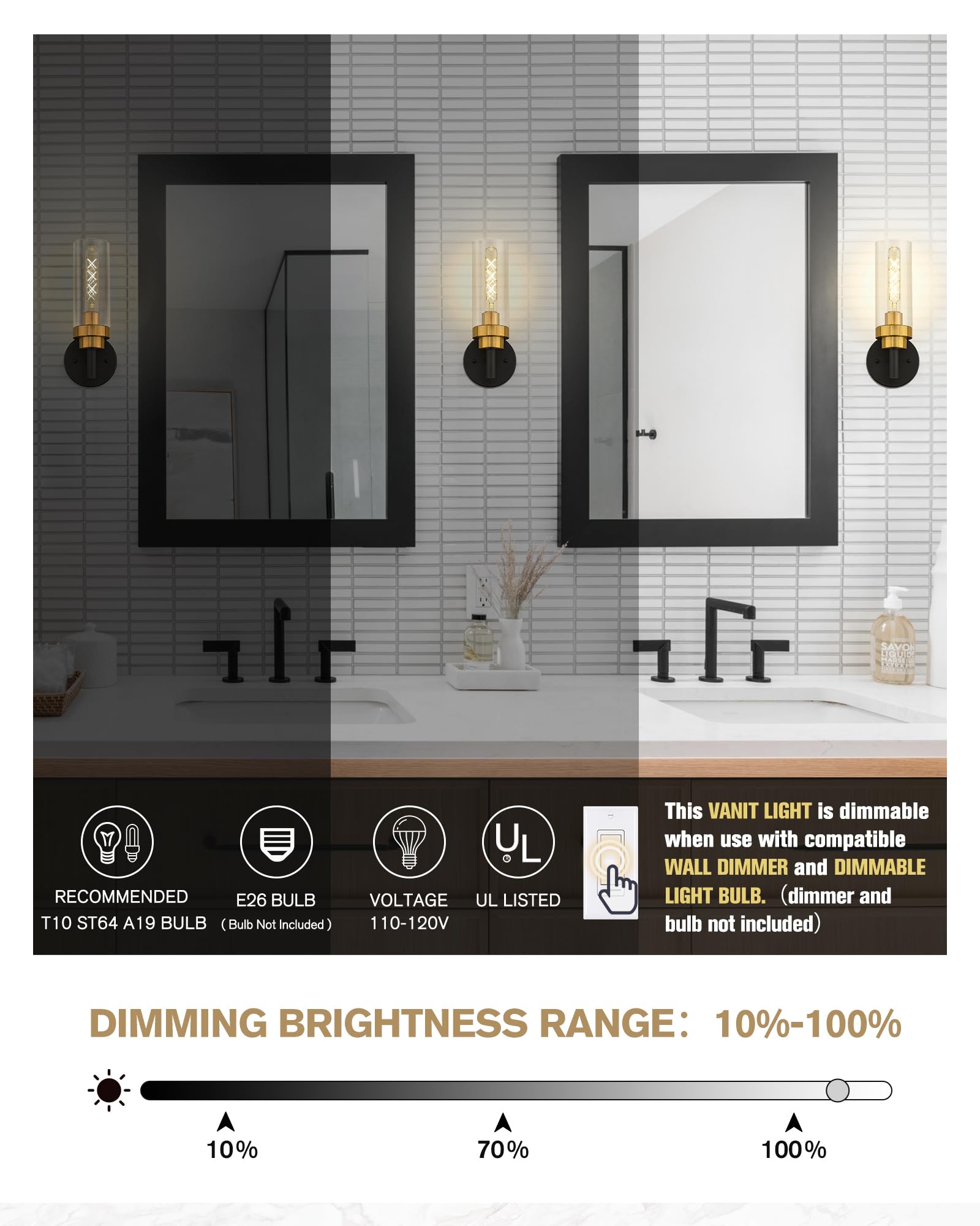 Emak Black And Gold Sconces Wall Lighting, Modern Vanity Lights With Clear Glass Shade, Wall Sconce For Bathroom, Bedroom, Livin
