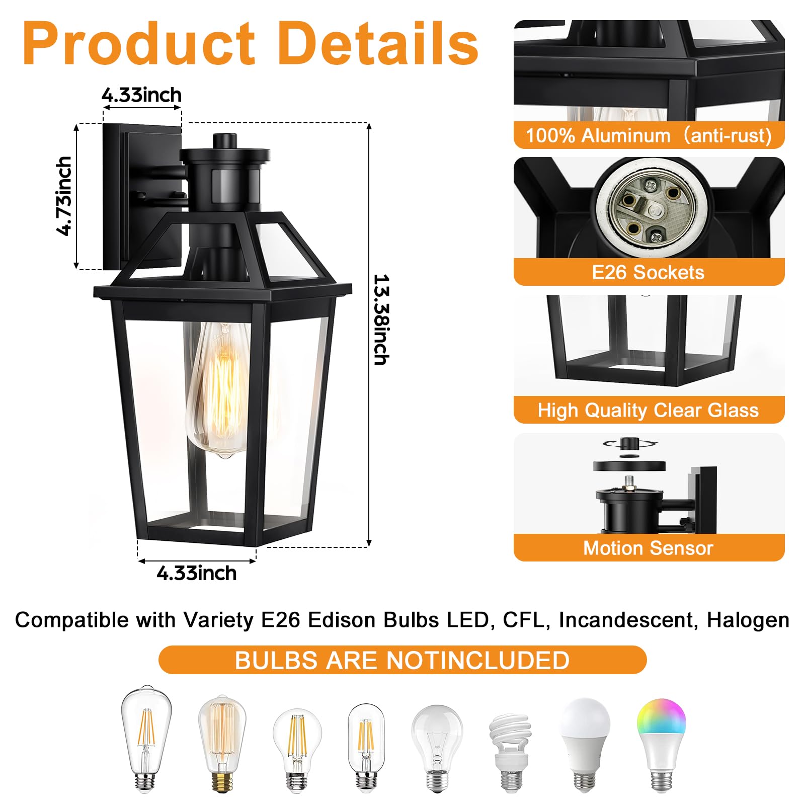 Slypadan Outdoor Wall Lights, Motion Sensor Dusk to Dawn, 2 Pack Black, Anti-Rust Fixture for Front Door, Garage, Patio, Model XBSJ02