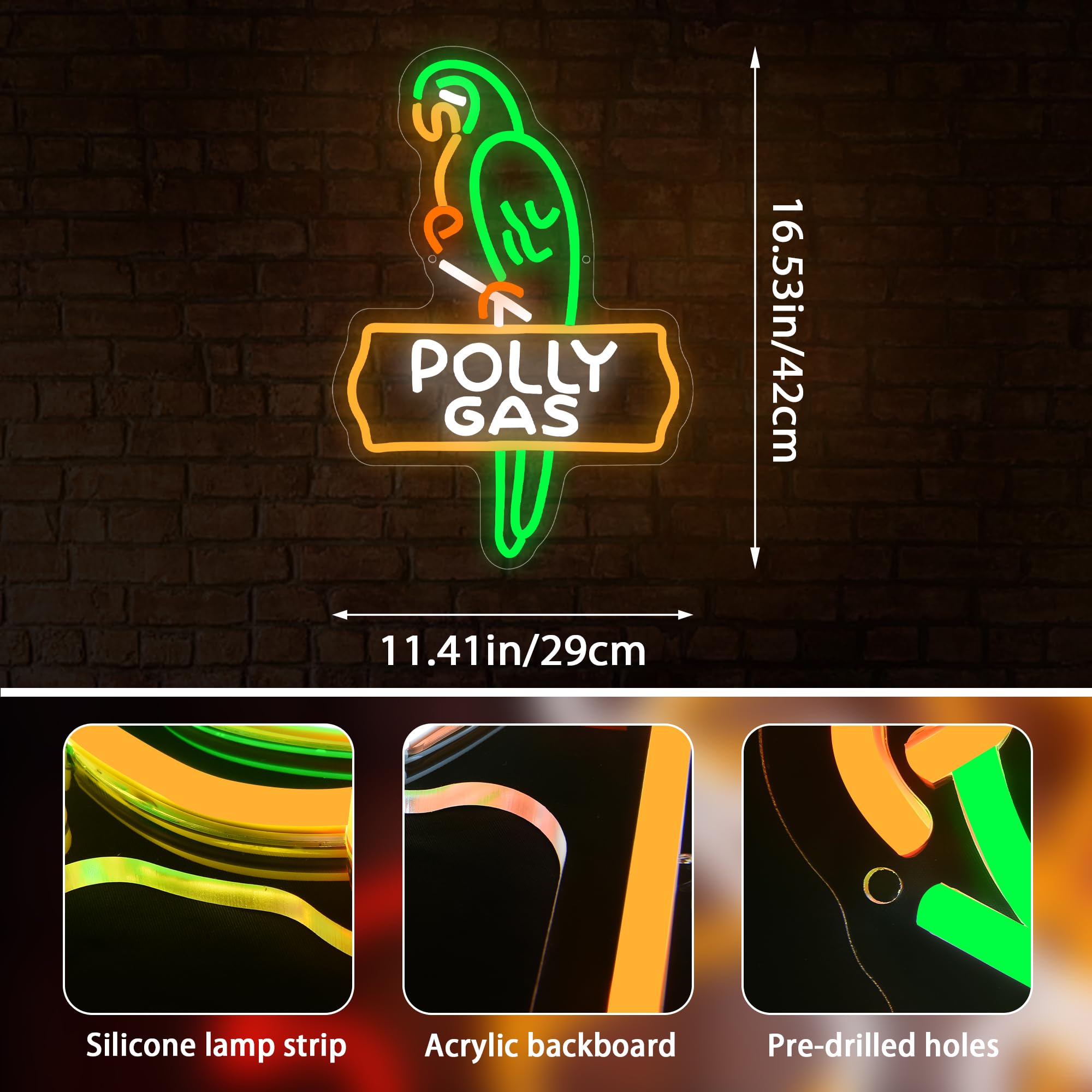 LALAON Neon Sign for Wall Decor - Green Gas Parrot Light, 16.54x11.42in, Acrylic, Model ZKXD10007
