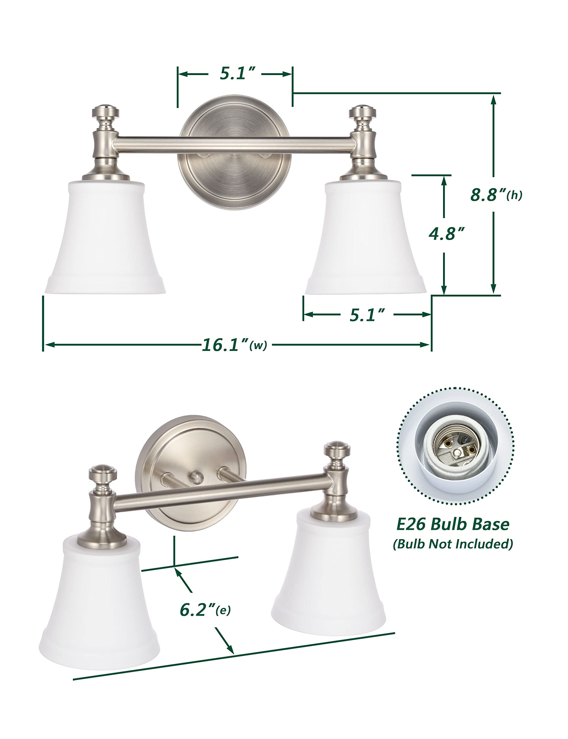 Hanaloa 2-Light Bathroom Vanity Light Fixture, Brushed Nickel Wall Sconce with Opal Glass Shade, Model VA0045-2-BN