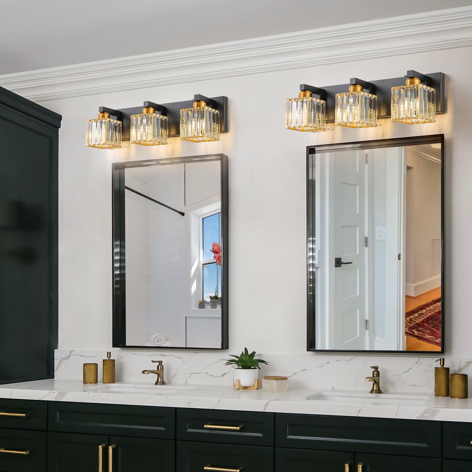 Huoku Black Gold Crystal Bathroom Vanity Light - 3-Lights Modern Bathroom Lighting Fixtures Over Mirror, Wall Light
