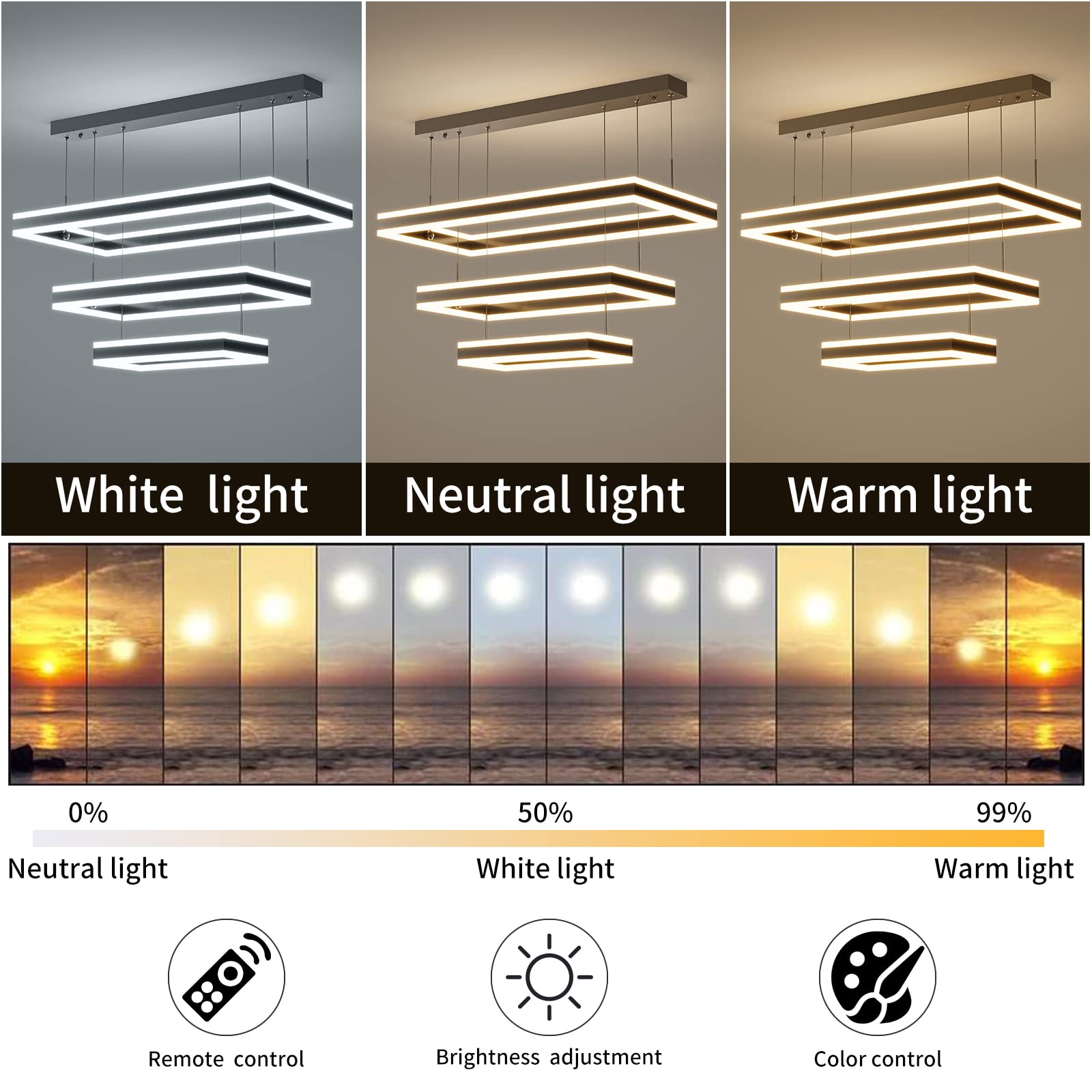 Matven LED Pendant Light Chandelier, Remote Dimmable, 3 Color Modes, Black, 15.74in-31.49in, Modern Kitchen Island Fixture