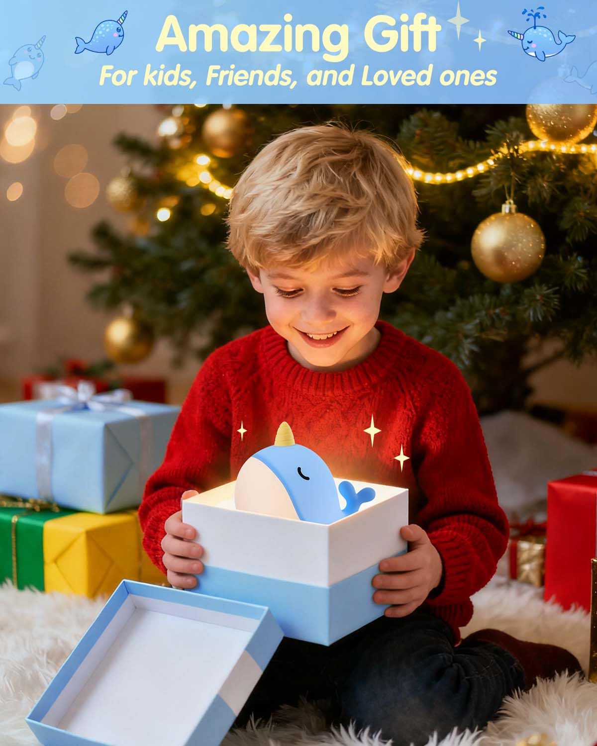 Fuloon Narwhal Night Light - Squishy Silicone Kids Lamp, USB-C Rechargeable, Blue, Small, Model DH-BFLD30