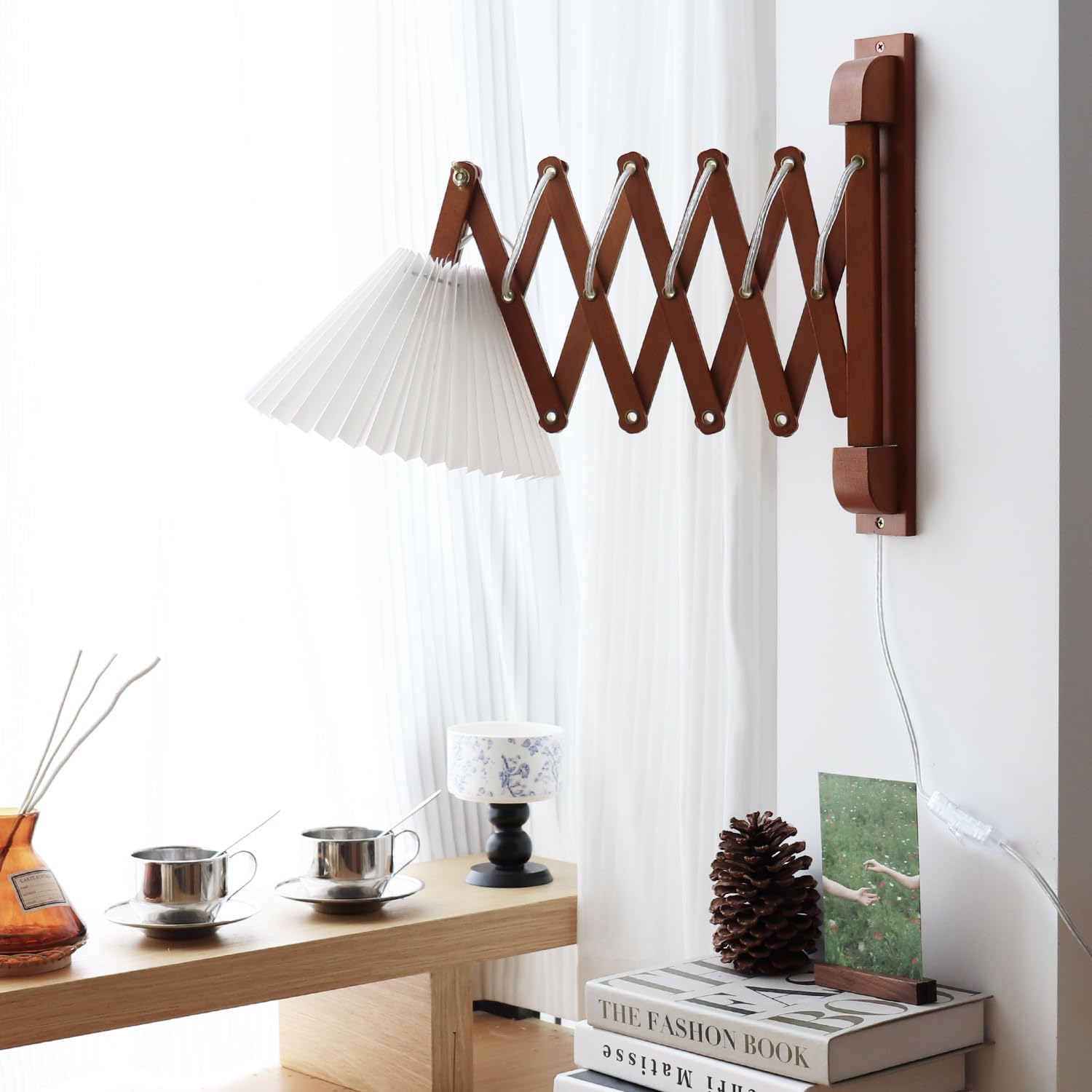 PEAUARL Swing Arm Wall Sconce, Wood Wall Lamp with On/Off Switch, E26 Bulb Excluded, Brown, Model PWLBB