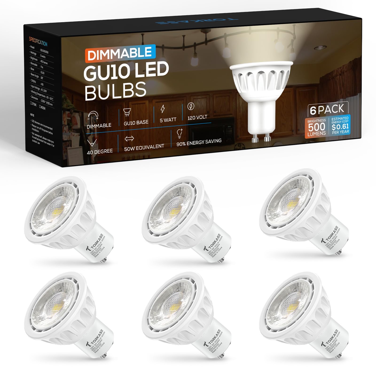 Torkase Dimmable Mr16 Led Light Bulb,Gu10 Base,120V,4000K Neutral White,5W(50W Halogen Replacement),500Lm,40 Narrow Beam Range H