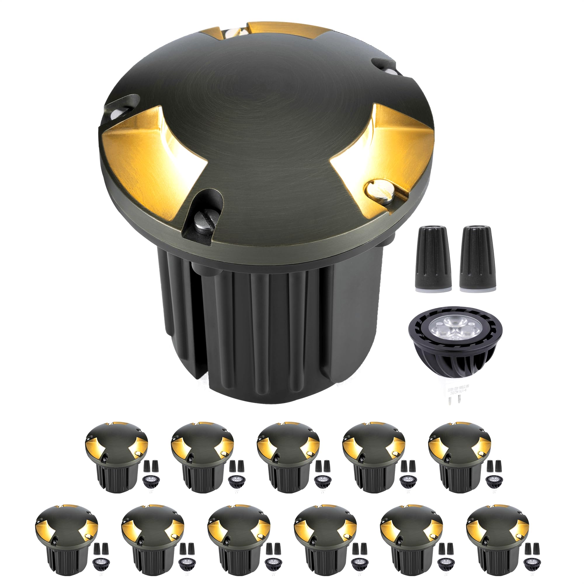 Gardenreet Landscape Well Light - 12V Brass LED Fixture, Replaceable Bulb, Antique Bronze, 5000K Daylight, Model IGWL-2204C-12PCS