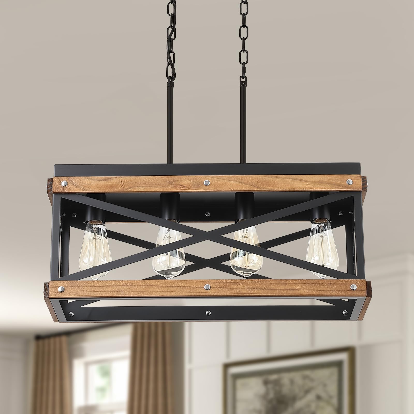 Rustic Farmhouse Wood Kitchen Island Lighting  4 Lights Rectangular Pendant Light Fixture  Adjustable Chain Oak Wood And Metal Linear Chandelier For Dining Room Kitchen Island Farmhouse  Black