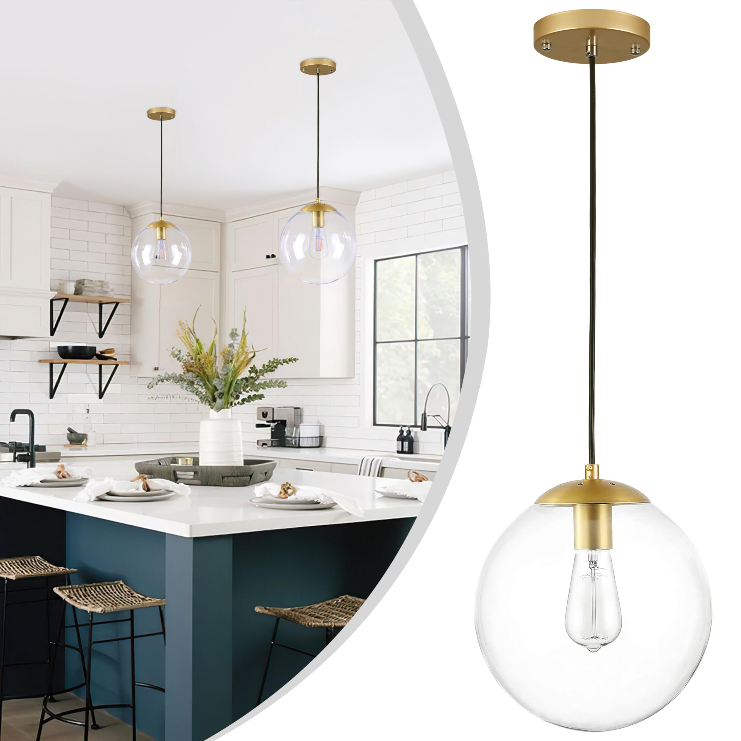 Koko&Yukina 10&quot; Gold Globe Pendant Light, Mid Century Modern Brushed Brass & Clear Glass