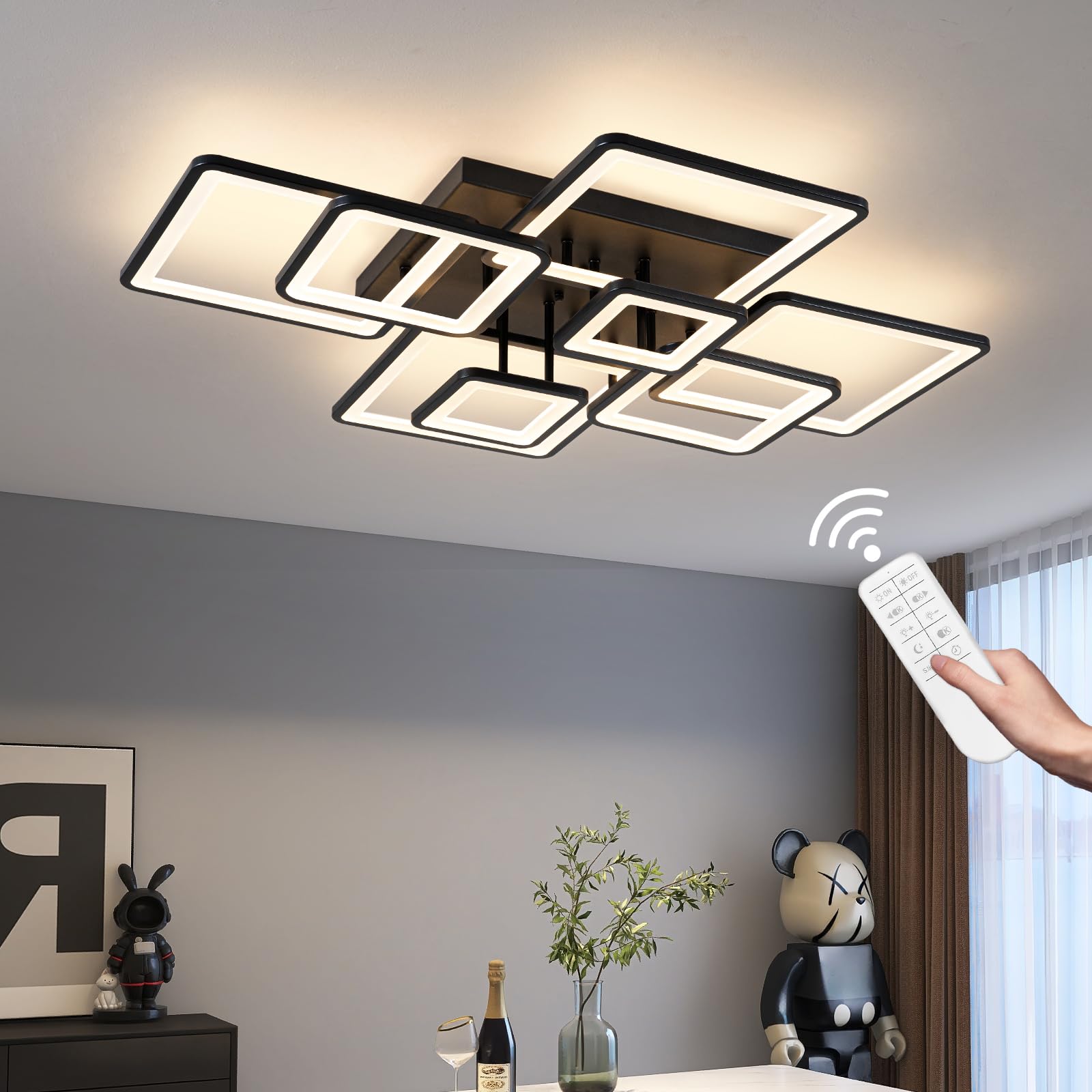 Shine LUEST Modern LED Ceiling Light, Dimmable LED Chandelier Black Flush Mount Ceiling Lights, Remote Control Acrylic Ring Ceil