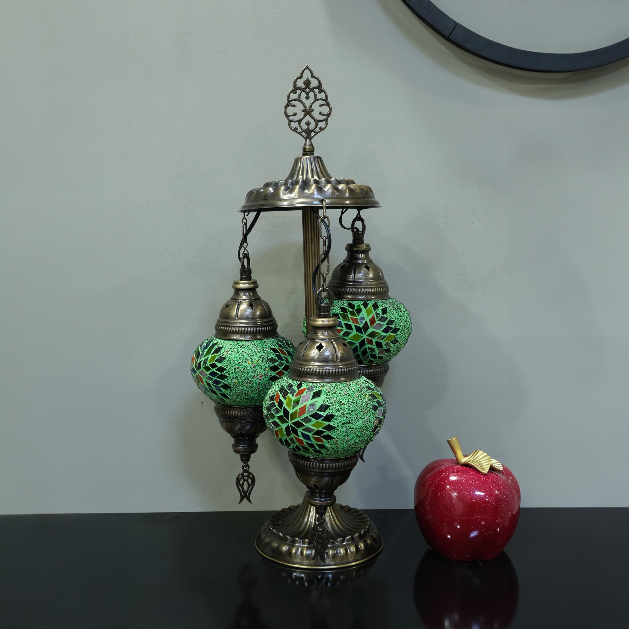 Asylove Turkish Mosaic Table Lamp, 3 Globe, 12x12x24 inch, Green Mix, Model 3GlobeAPNo2, Ideal for Living Room & Office Decoration