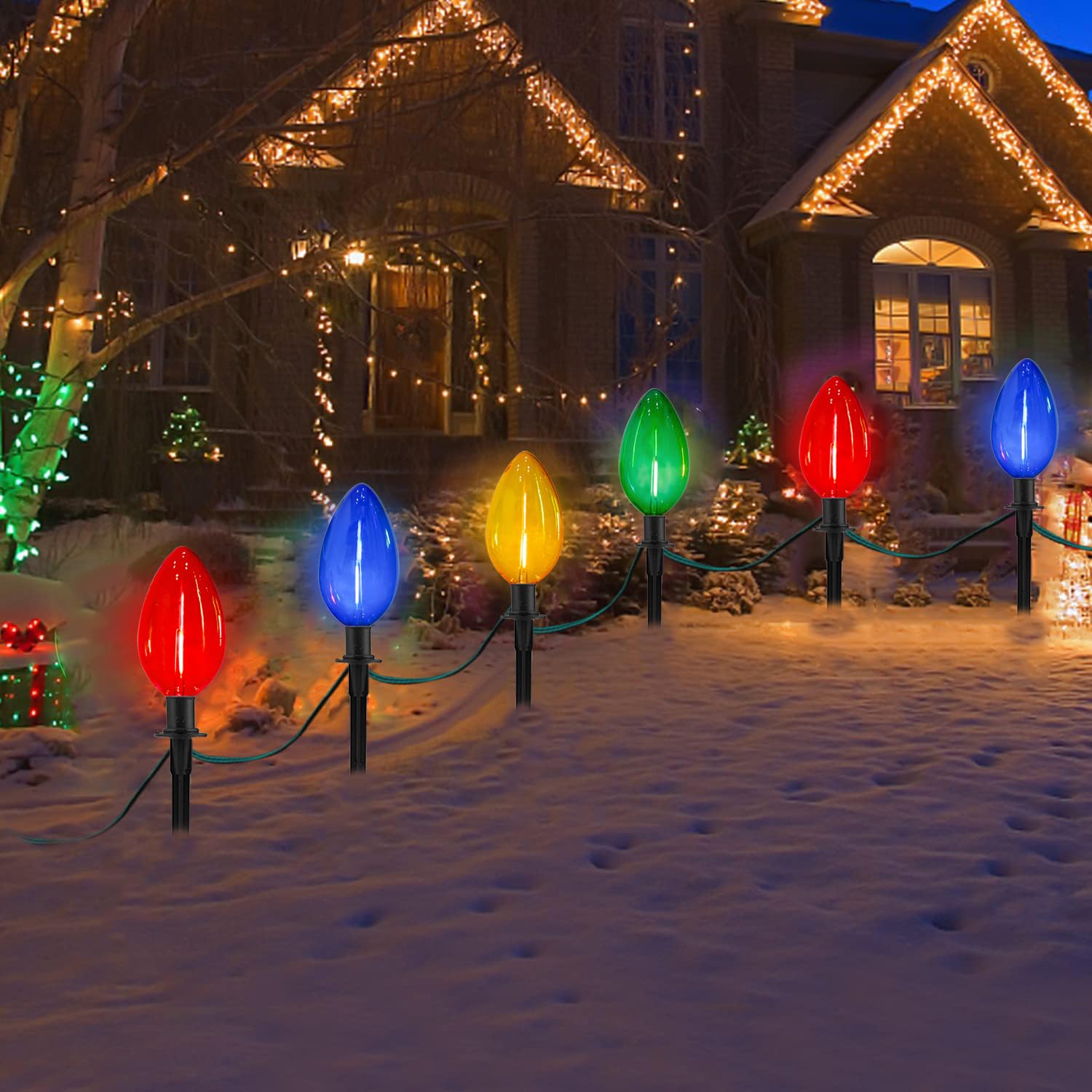 Egcol Jumbo C9 Christmas Pathway Lights Outdoor - 2 Pack Total 14 Ft 8 Led C9 Giant Clear Multicolor Christmas Walkway Lights Fo