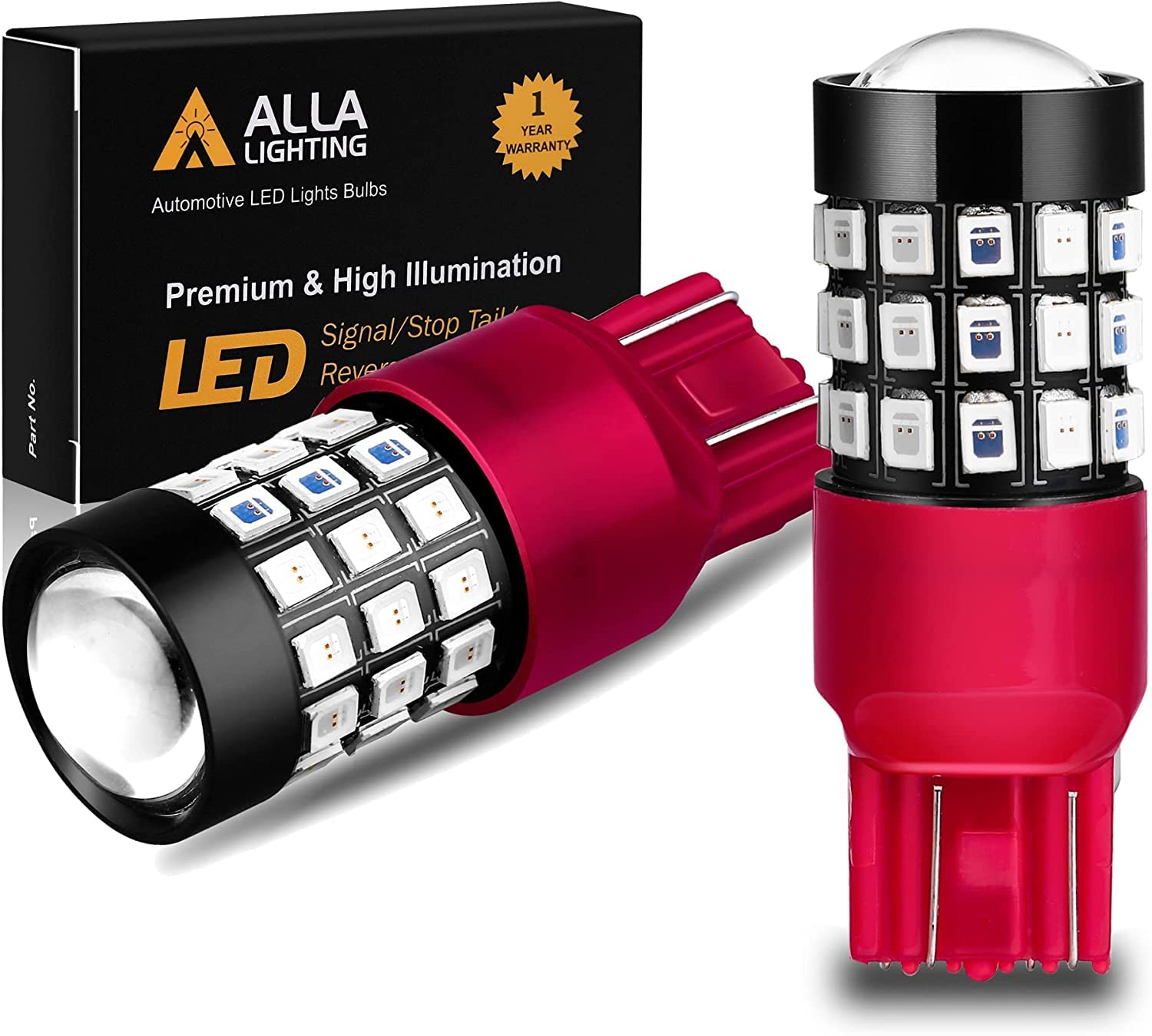 Alla Lighting T20 7440 7443 LED Strobe Brake Light Bulbs, Red, Aluminum, Model Alla-STR-2835-7443-39R