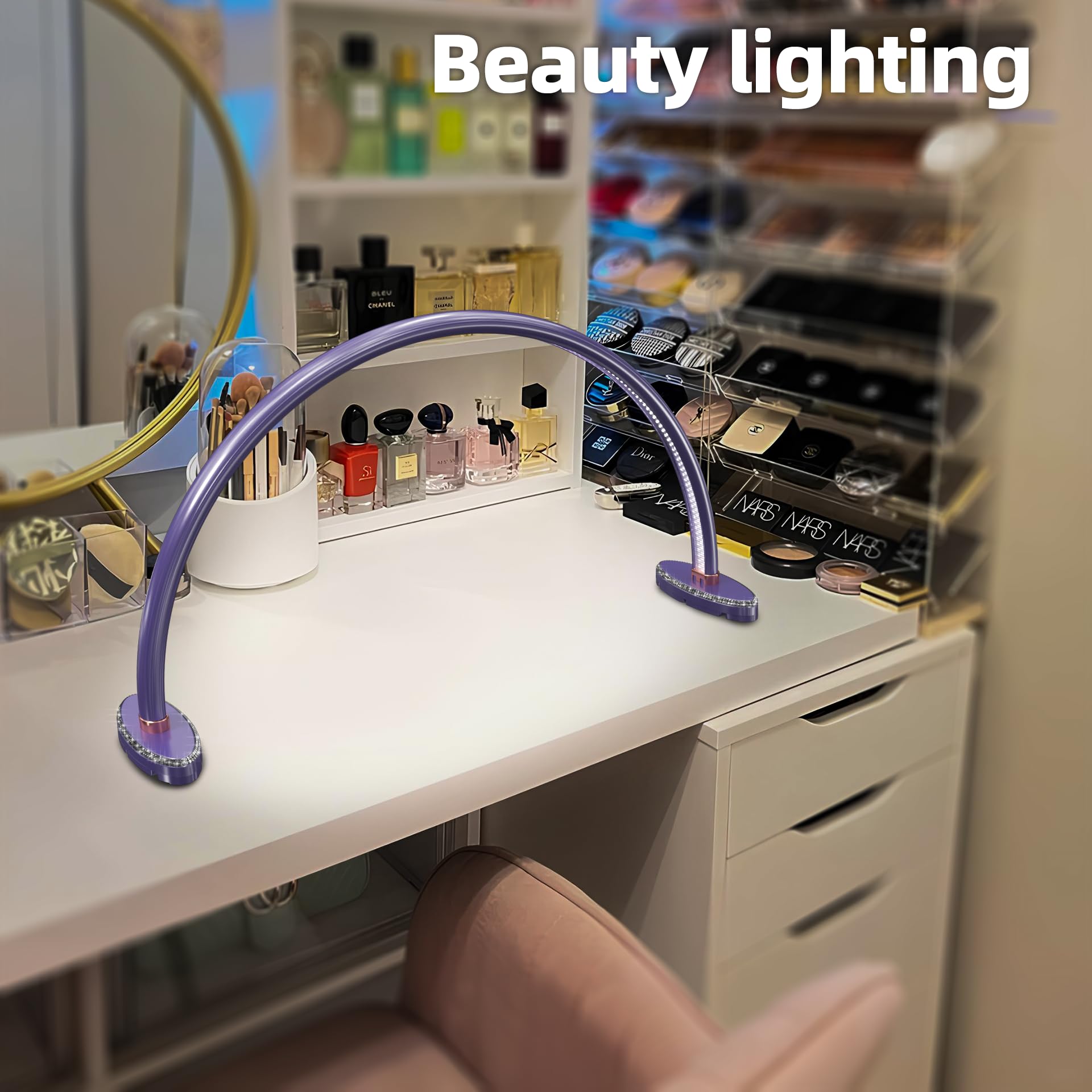 Large Half Moon Light For Nail Desk, Stepless Dimmable Lamp For Nails Table, 3 Color Temperature 24 Inch Purple Led Nail Tech De