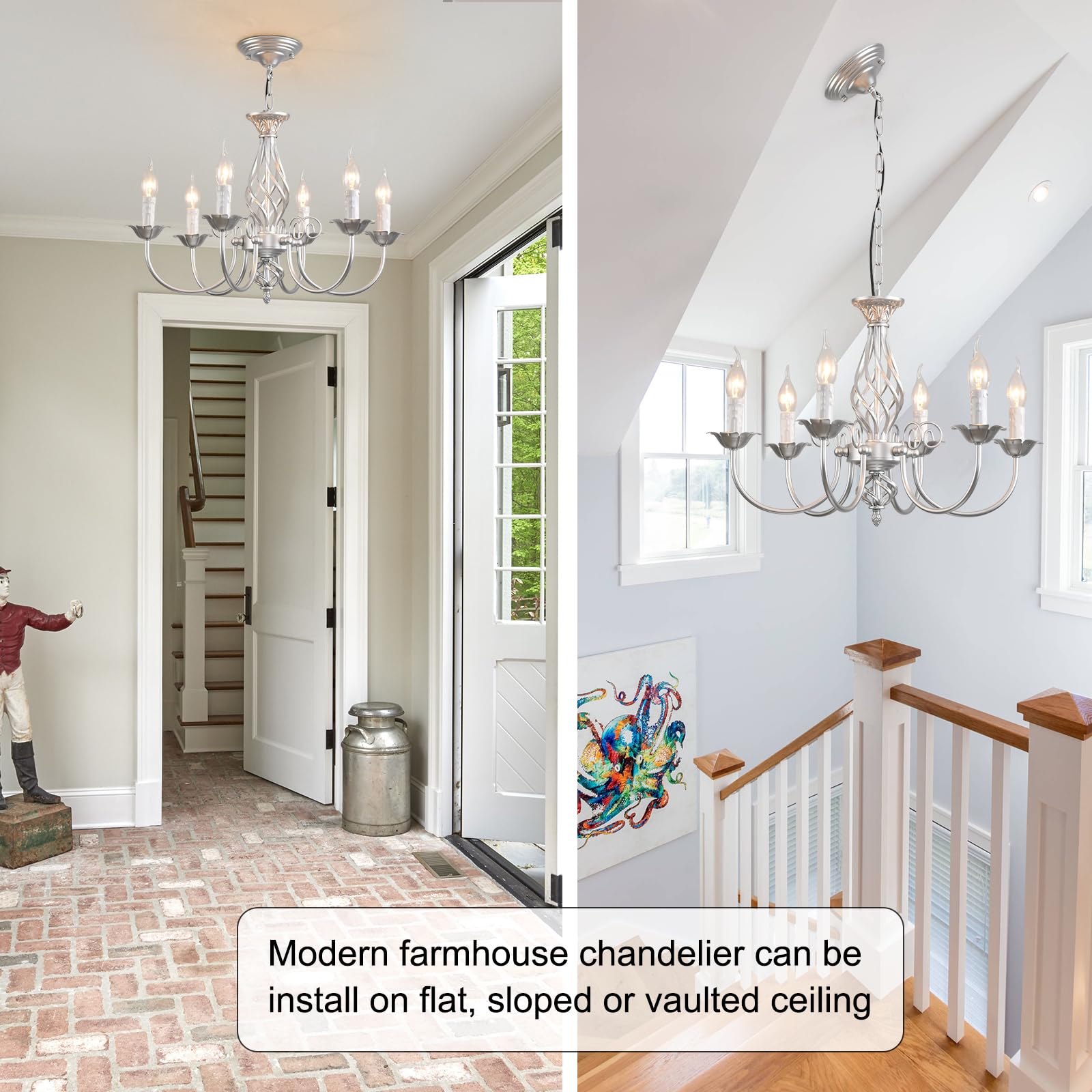 Jaycomey Sliver Farmhouse Candle Chandelier, 6-Light Rustic Industrial Pendant Ceiling Light Fixture, Ceiling Hanging Lamp For H