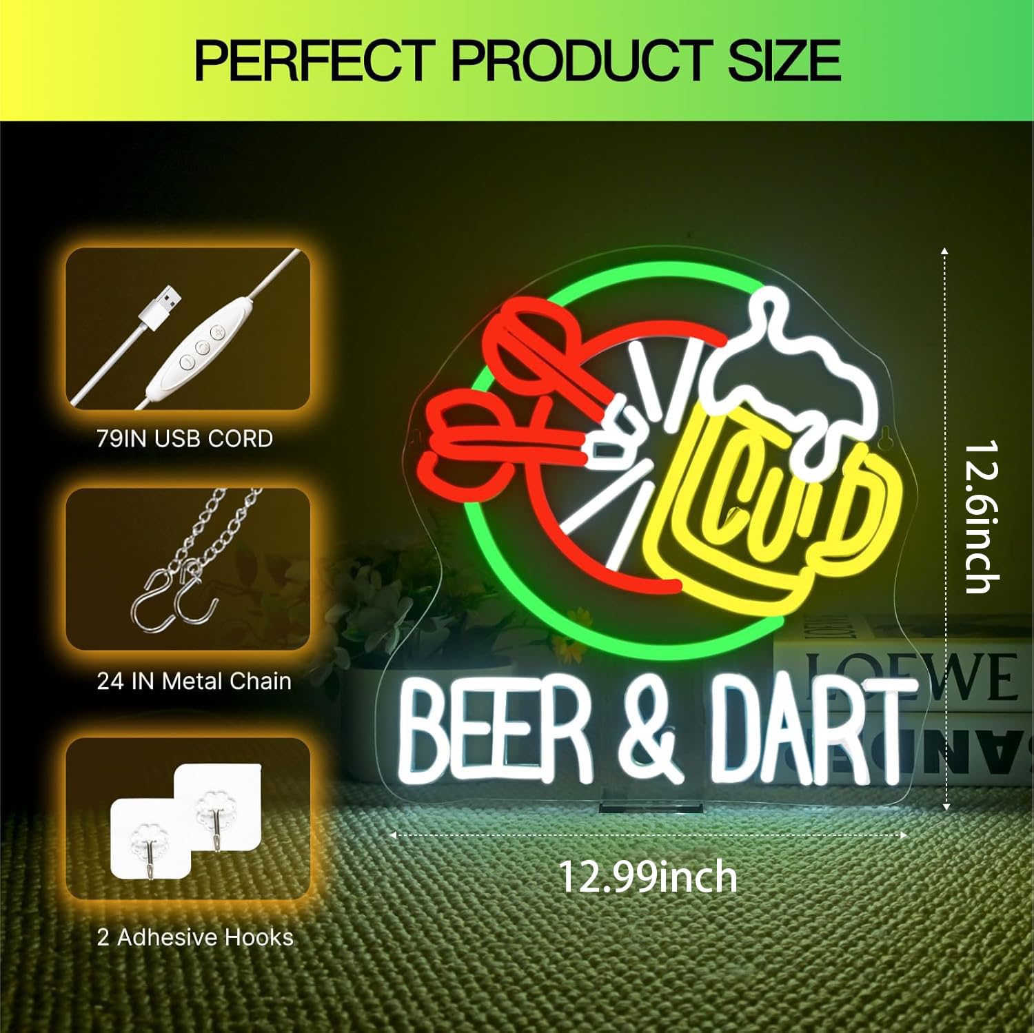 Wanxing malt-inspired & Dart Neon Sign - LED Wall Light, 13inx12.6in, Colorful Plastic Decor for Game Room, USB Powered, Dimmable
