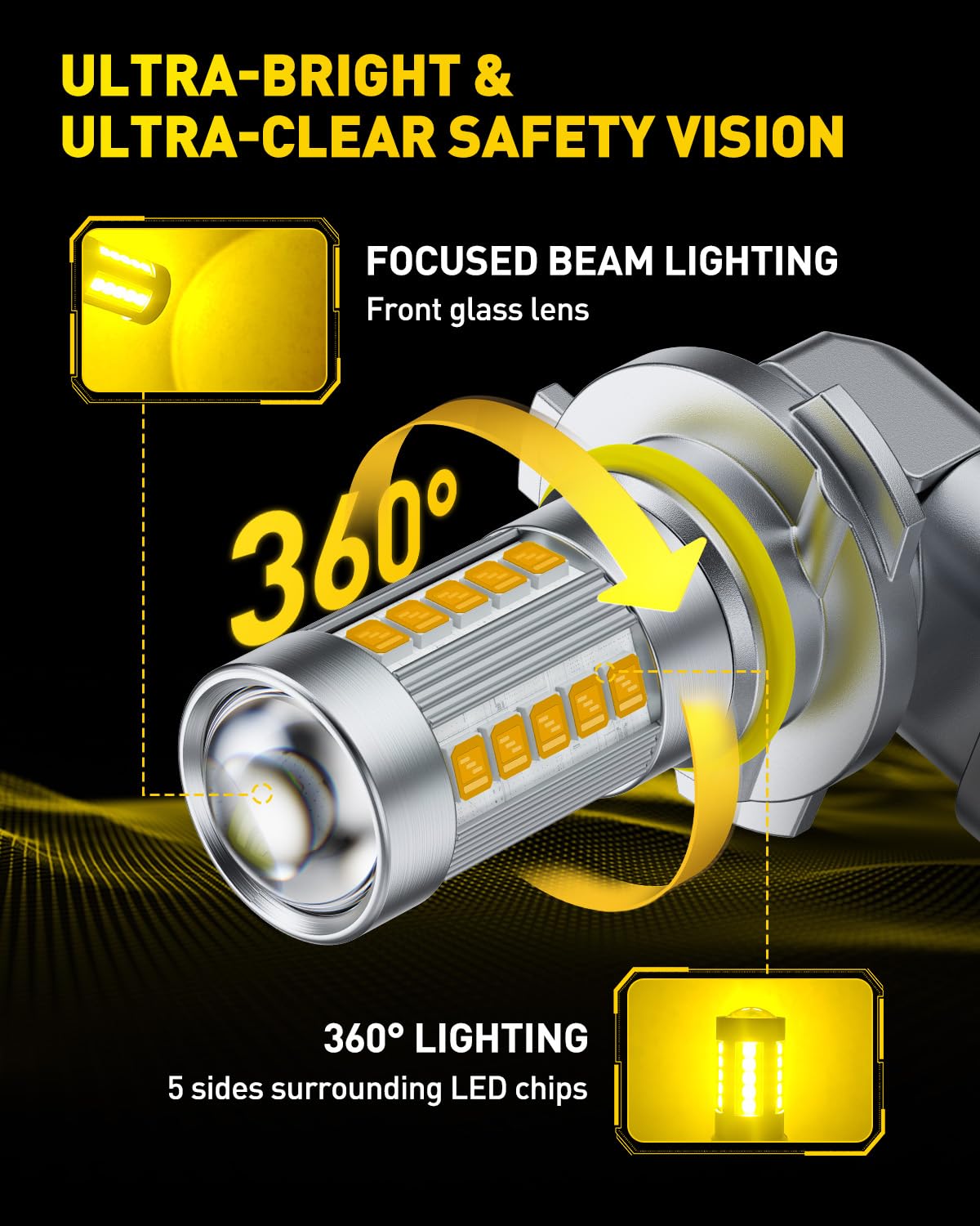 AUXITO LED Fog Light Bulbs, 3000K Amber Yellow, 9145/9140/H10, 360° Full Illumination, Pack of 2