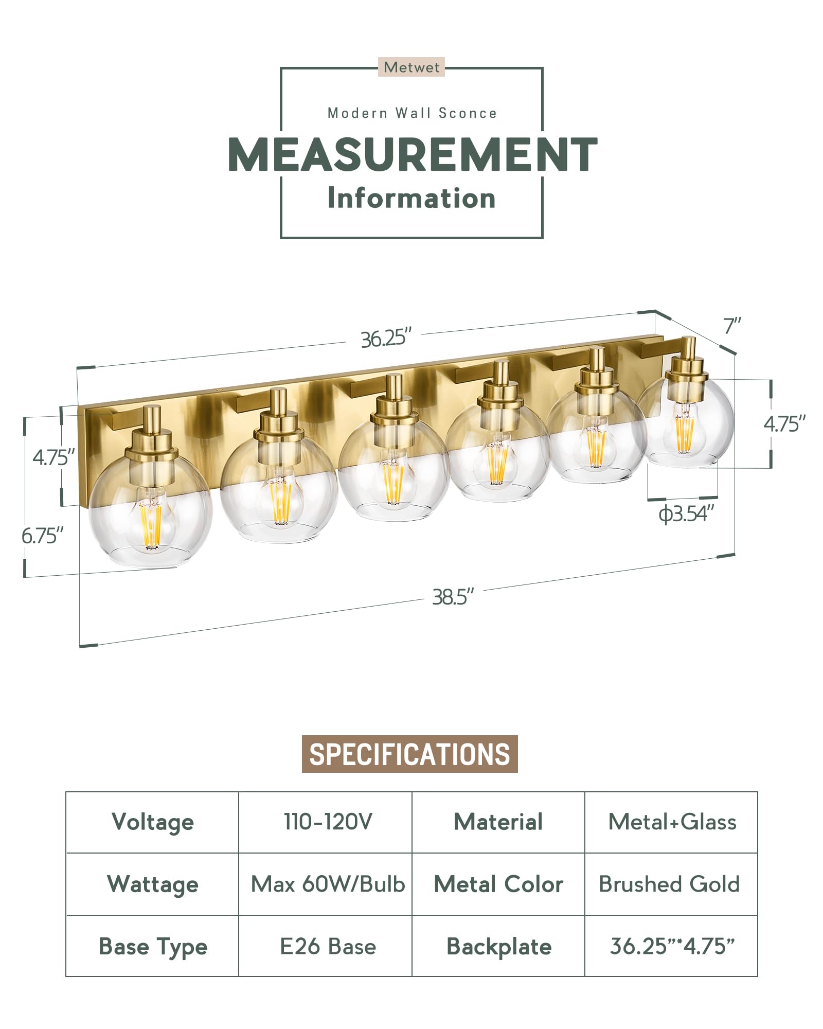 Metwet Bathroom Light Fixtures, 6 Light Brushed Gold Vanity Light, 38 Inch Modern Wall Sconces With Globe Clear Glass Shade, Van