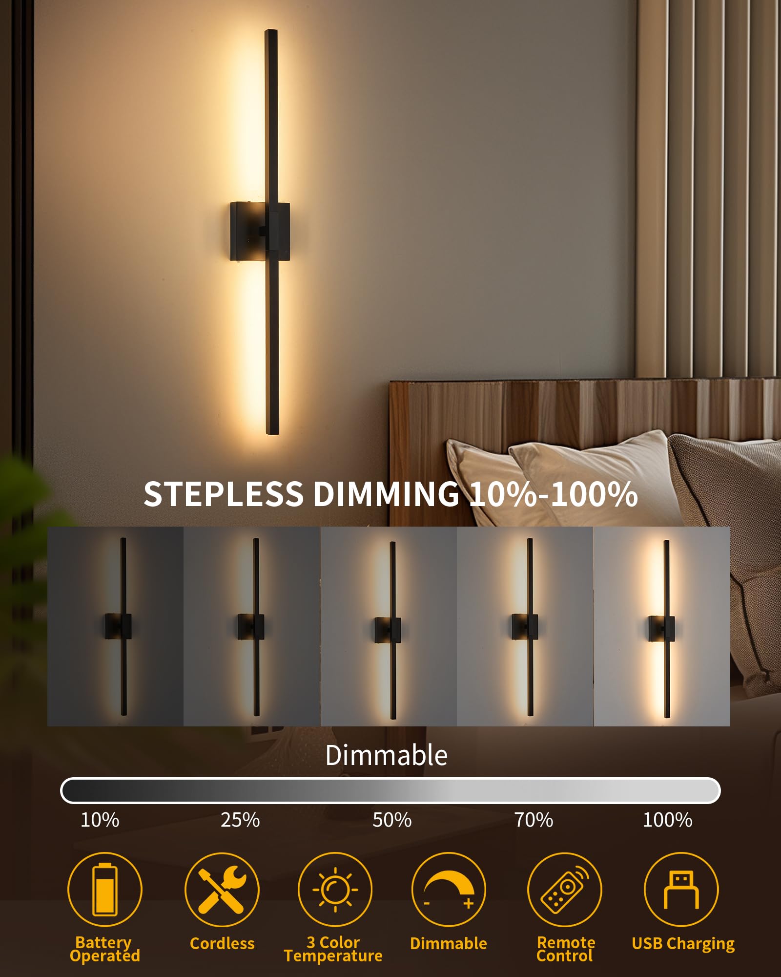 Rayogale 8000mAh Dimmable Wall Sconce Set of 2, 24 Inch Black LED Lights with Remote Control & Timer Function