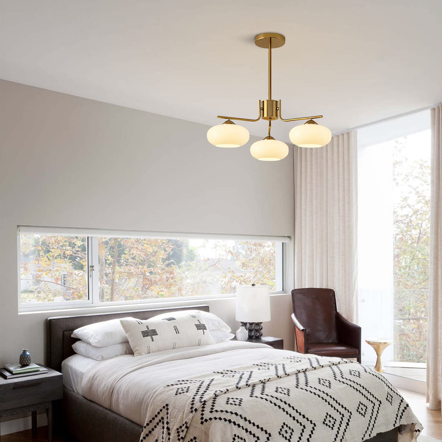 KCO Lighting Mid Century Modern Pendant Light 3-Light Metal Chandelier Brushed Brass White Globe Fixture L1127-3-Head